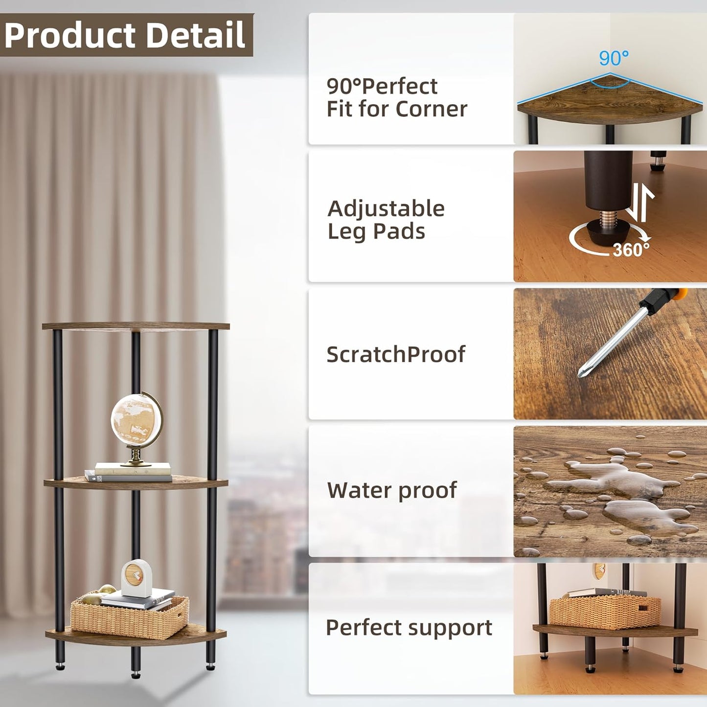 3 Tier Corner Shelf,Corner Bookcase for Small Spaces, Display Shelf,Narrow Bookshelf,Rustic Brown and Black,Suitable for Bedroom,Living Room,Kitchen