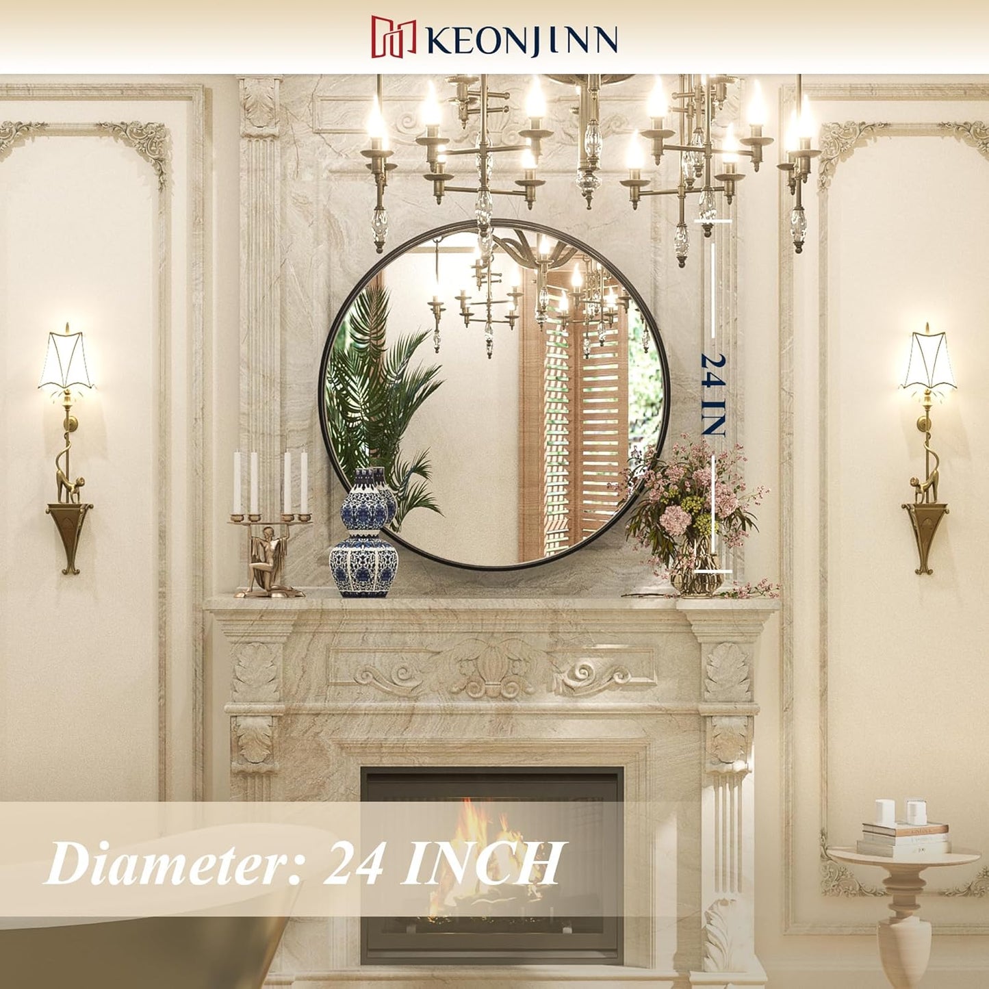 Keonjinn Black Round Mirror 24 Inch, Brushed Black Framed Circle Mirror for Bathroom, Aluminum Alloy Metal Frame, Modern Farmhouse Decorative Wall Mirror for Entryway, Living Room