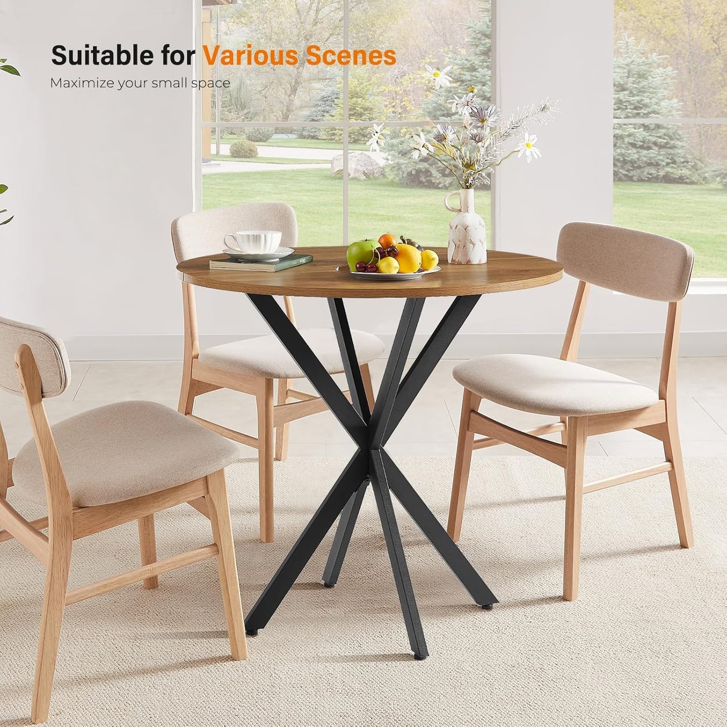 Unovivy 31.5" Small Round Dining Table for 2-4, Space Saving Circle Kitchen Dinner Table, Industrial Mid Century Modern Dining Room Desk for Kitchen, Apartment, Light Brown