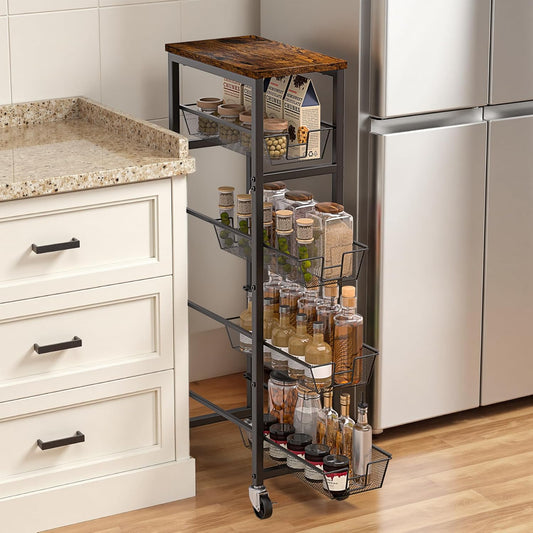 Slim Rolling Cart, 5-Tier Storage Cart, 9.1inch Narrow Kitchen Rolling Cart on Wheels for Small Space, Utility Cart Shelving Unit with Wooden Top and Metal Handle for Kitchen, Bathroom, Laundry Room