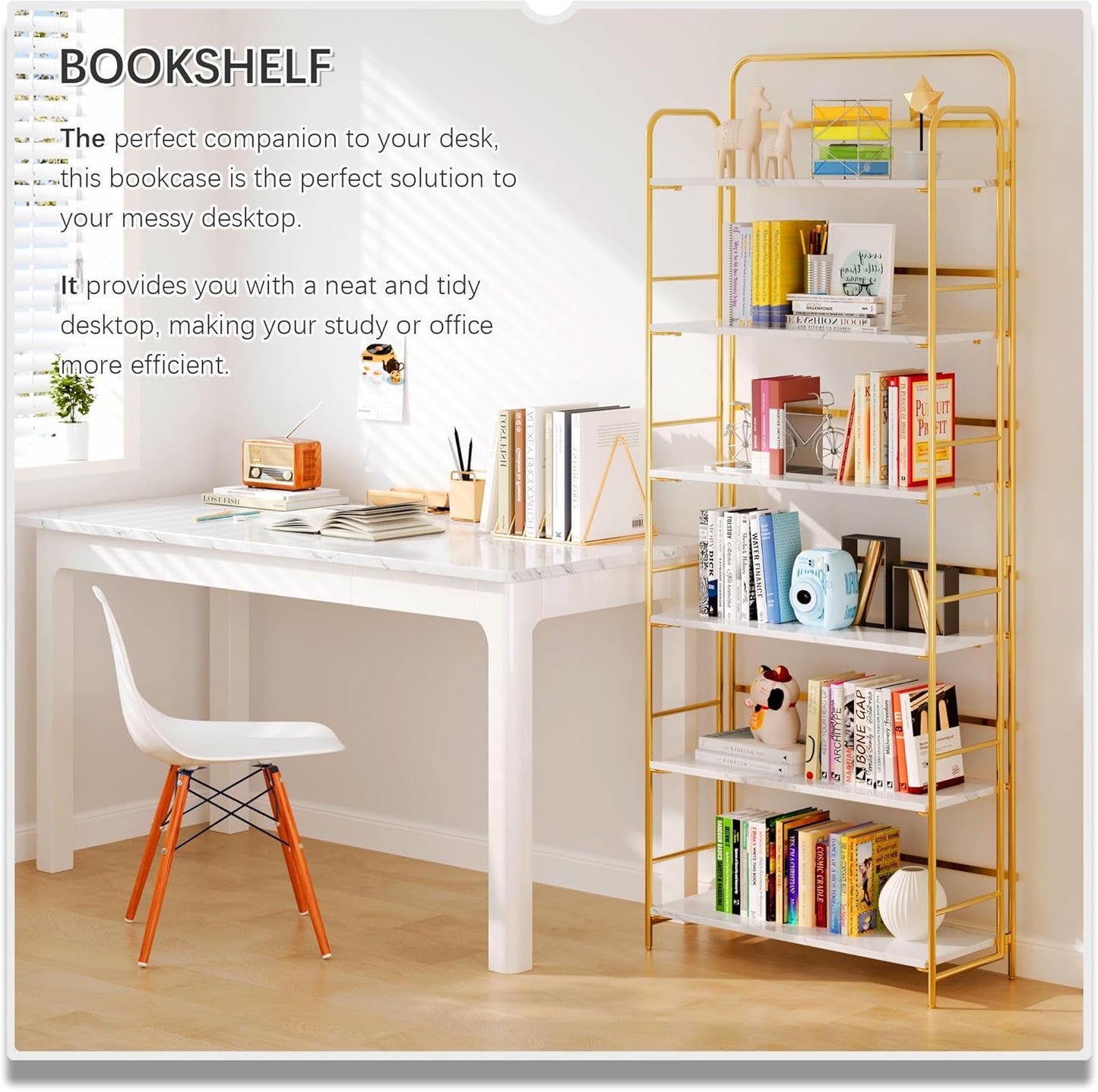 4NM No Assembly Folding Bookshelf 6 Tiers Vintage Industrial Gold Book Shelf Metal Foldable Storage Bookcase and Bookshelves for Living Room,Bedroom and Kitchen - White and Gold