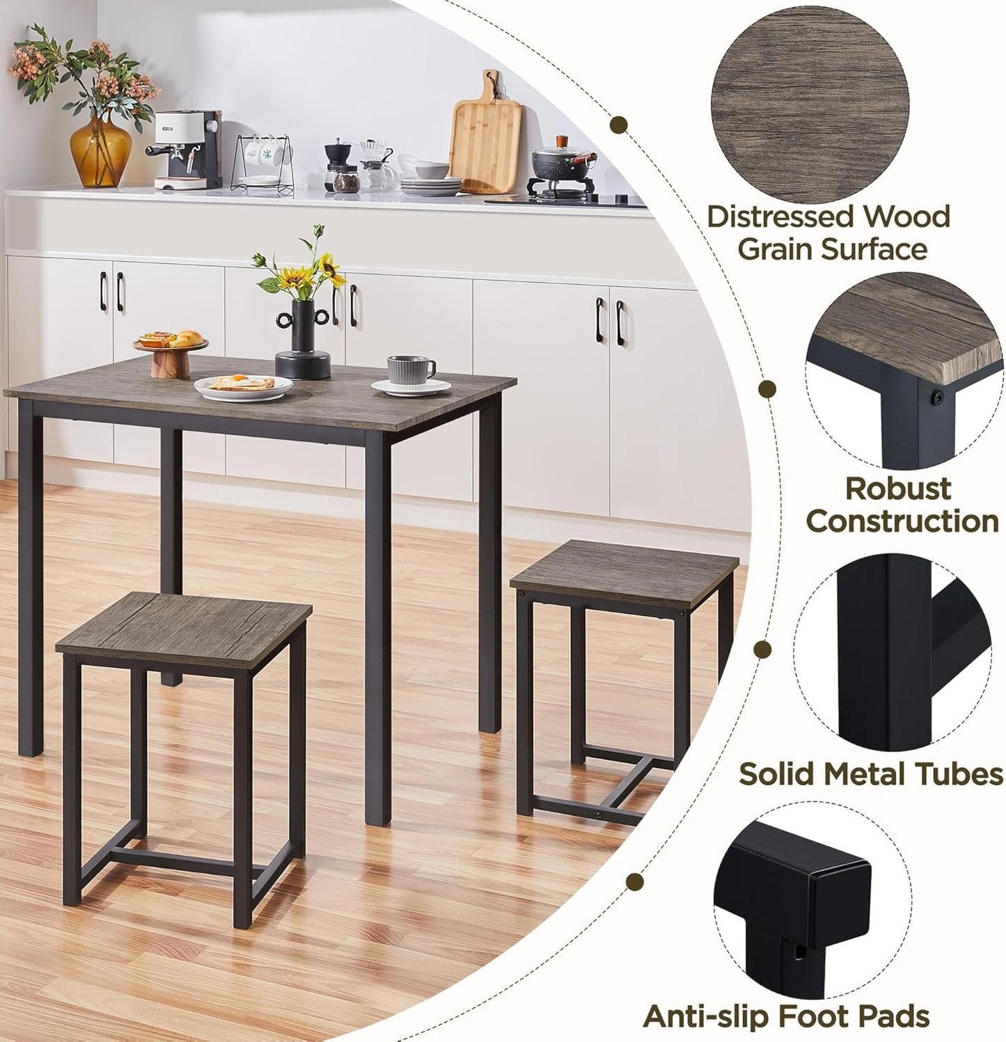 Yaheetech 3 Piece Dining Table Set - Kitchen Table & Chair Sets for 2 - Compact Table w/ 2 Stools & Space Saving Design for Dining Room Living Room Apartment Pub, Drift Brown