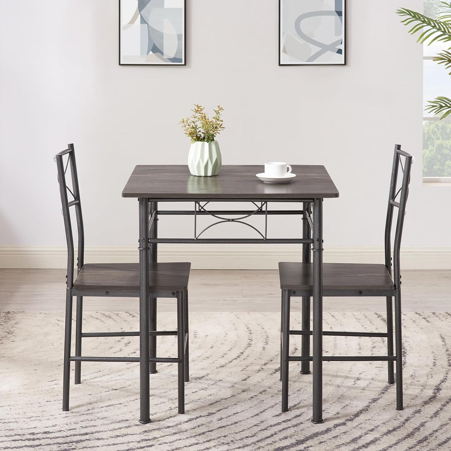 JOIN IRON 3-Piece Metal and Wood Indoor Modern Square Dining Table Furniture Set for Kitchen, Dining Room, Dinette, Breakfast Nook w/ 2Chairs - Gray