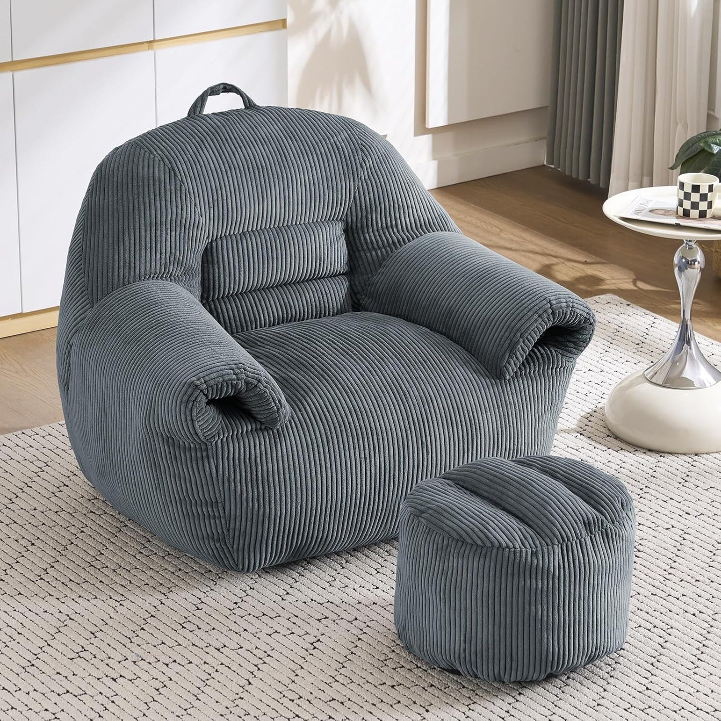 DAICO Bean Bag Chairs for Adults Beanbag Sofa with Ottoman Comfy Accent Chair with Armrests Corduroy Couch with Foam Single Lazy Sofas for Living Room Reading Bedroom Gaming Office Dark Gray