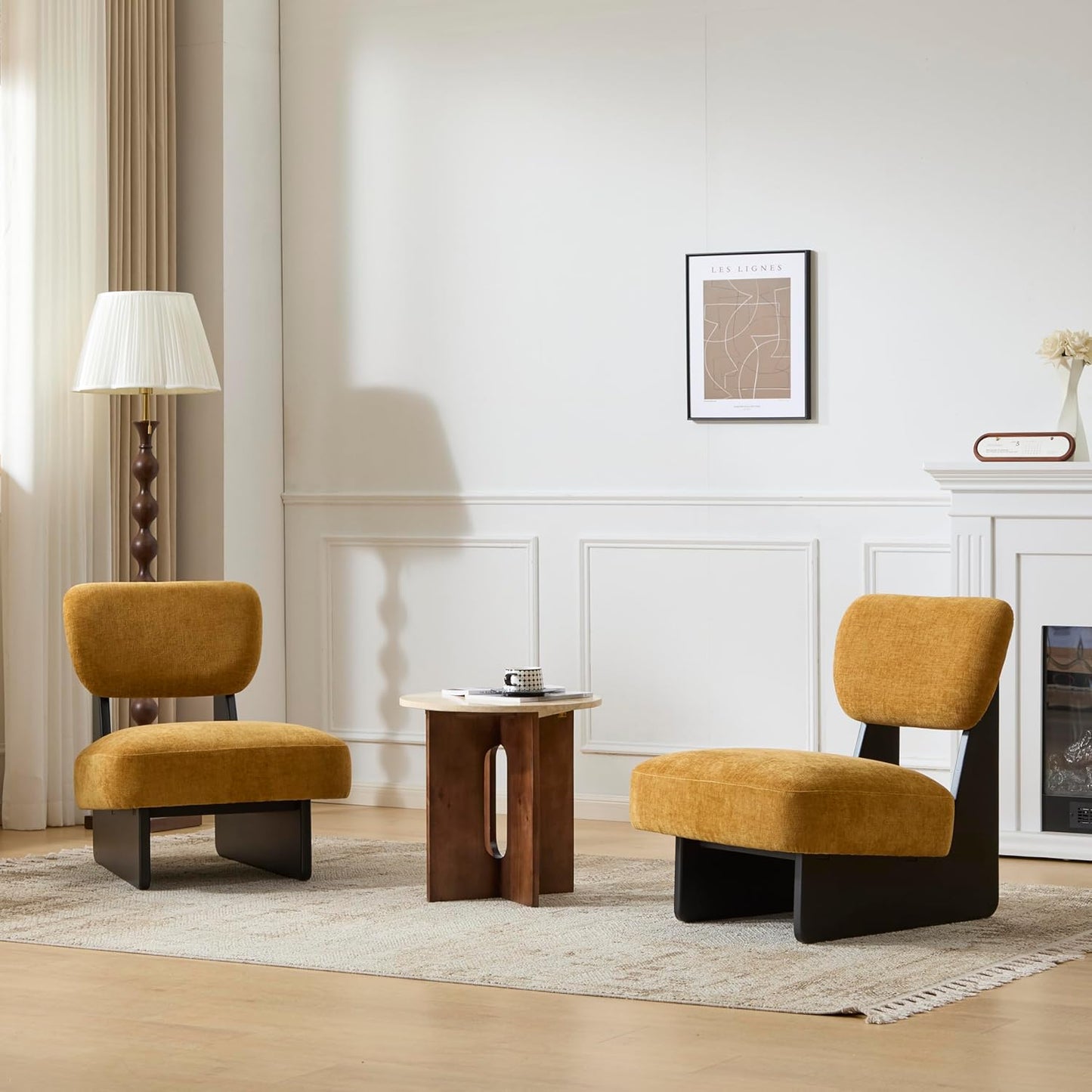 Christopher Knight Home Mores Low Profile Accent Chair Set of 2, Modern Living Room Armless Lounge Chair, Fabric Comfy Reading Chair for Bedroom, Wooden Frame and Thick Padded Seat, Black+Tumeric