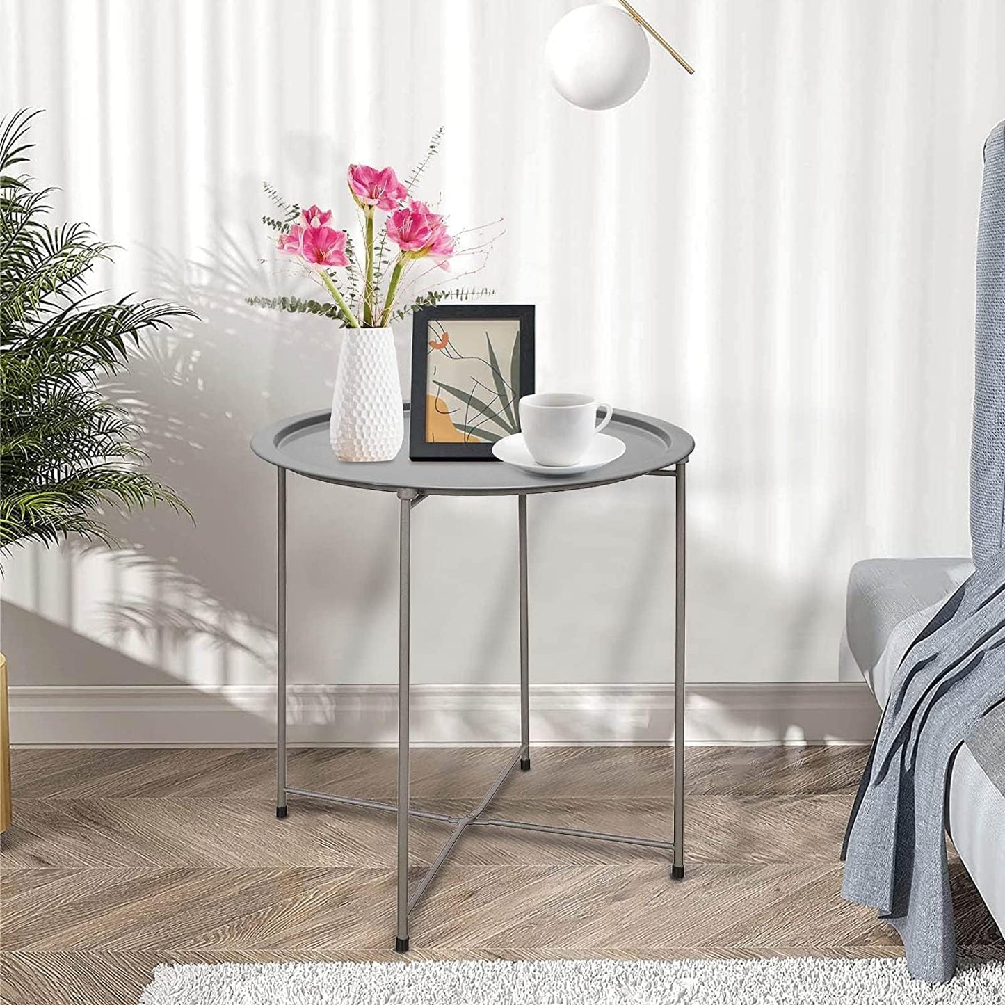 Garden 4 you Folding Tray Metal Side Table 2PC Grey Round End Table Cyan Sofa Small Accent Fold-able Table, Round End Table Tray, Next to Sofa Table, Snack Table for Living Room and Bed Room