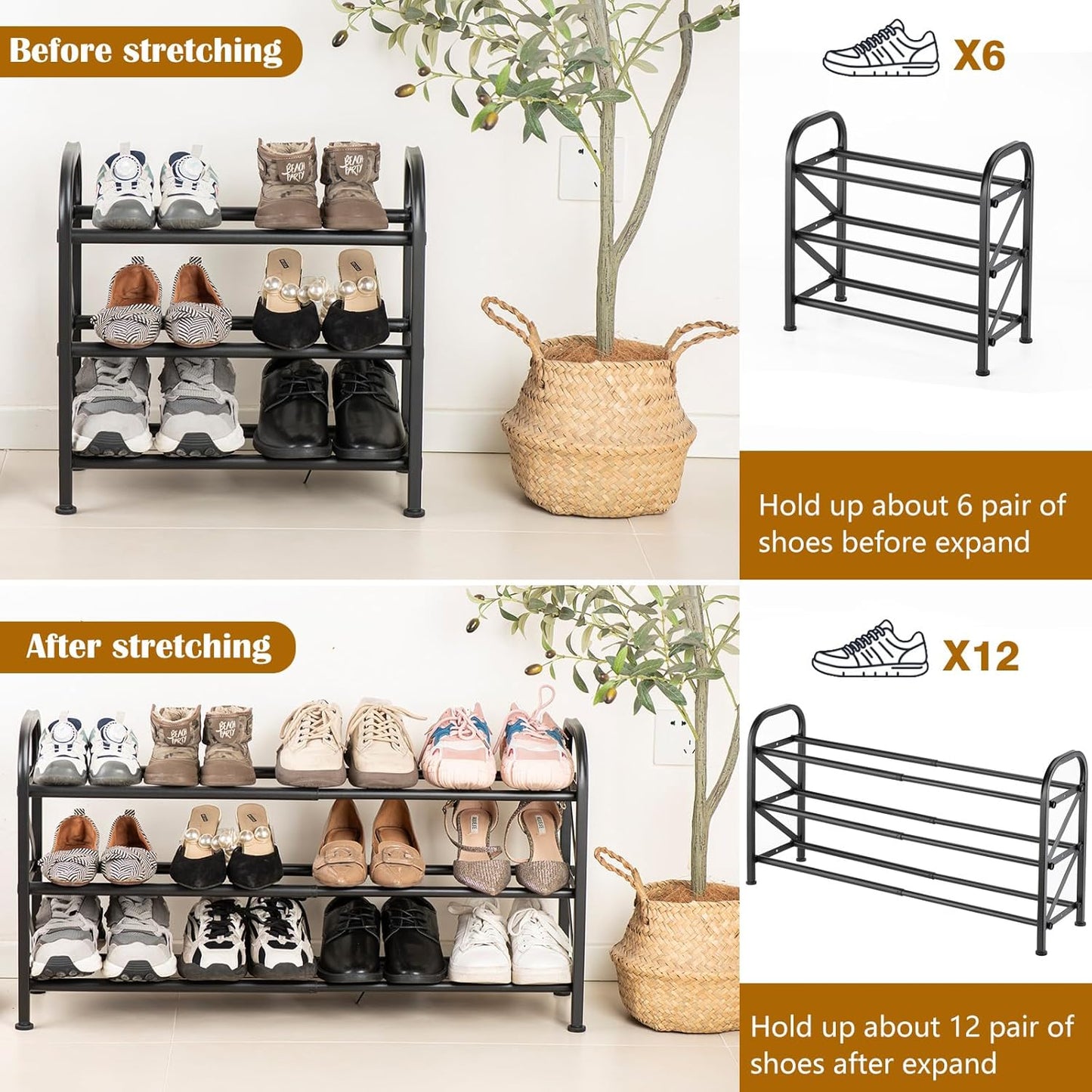 3-Tier Expandable Shoe Rack for Closet，Adjustable Shoe Rack，Black Metal Free Standing Shoe Rack for Entryway Closet Doorway