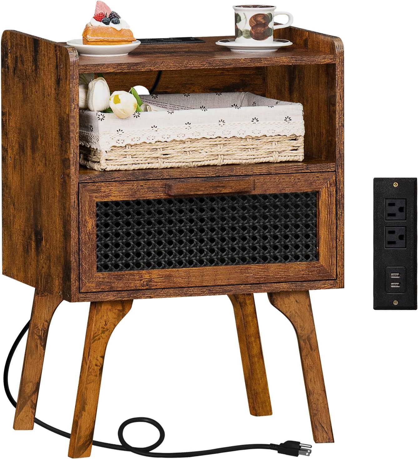 Lerliuo Rattan Nightstand with Charging Station, Side Table with Drawer Open Shelf, Cane Accent Bedside End Table with Solid Wood Legs, Night Stand for Bedroom, Dorm and Small Spaces (Brown)