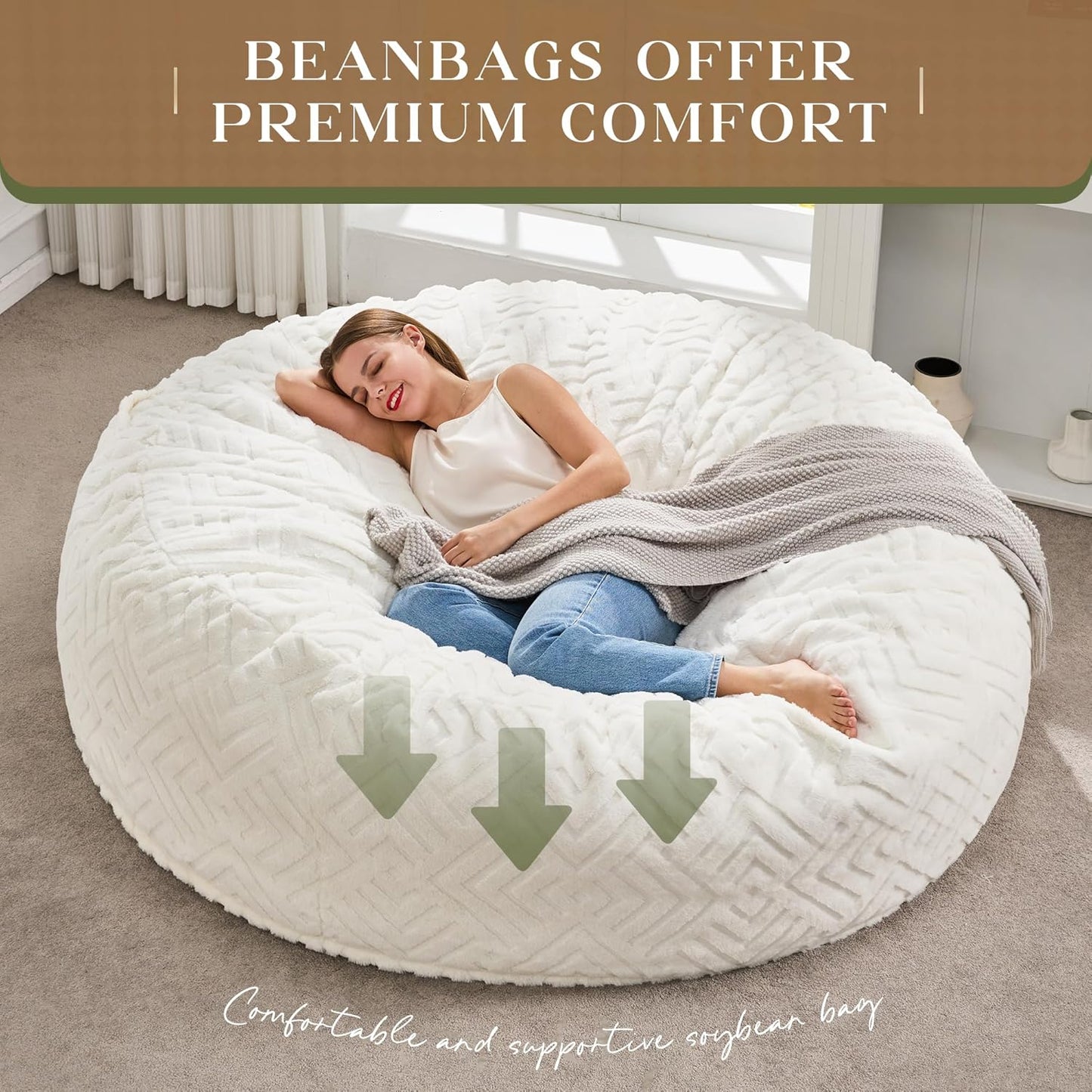 Hobestluk Bean Bag Chairs Adults Beanbag Chair with Filler Large Bean Bags with Fluffy Embossed Cover, Giant Bean Bag Chairs for Adults (White, 6FT - 70" x 70" x 15")
