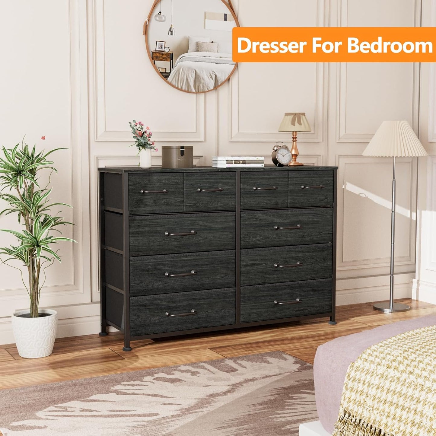 Furnulem Bedroom Dresser for 55”Long TV Stand Entertainment Center Dressers & Chests of Drawers,10 Storage Fabric Drawer, Sturdy Metal Frame Tall Storage Cabinet for Living Room, Entryway, Black Oak