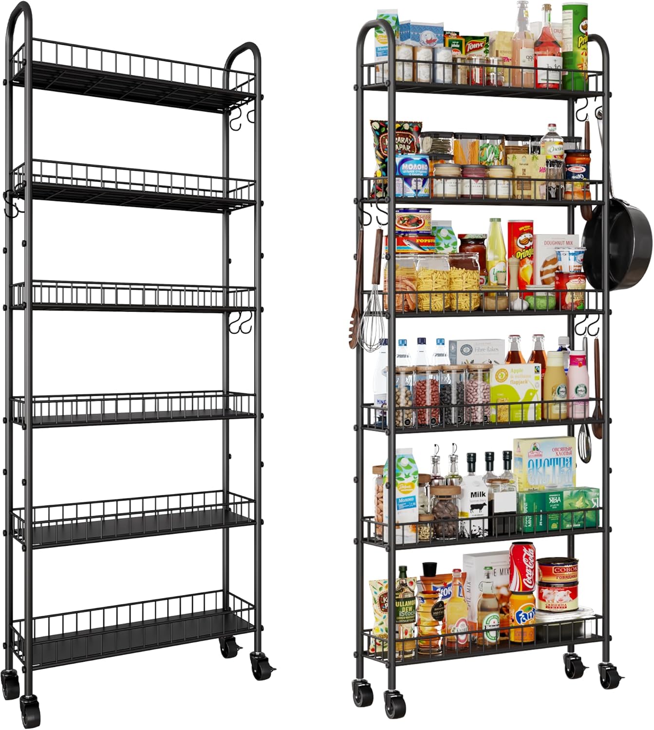 6-Tier Slim Storage Cart, Rolling Kitchen Cart with Wheels, Narrow Metal Shelf Organizer with Hooks for Kitchen, Bathroom, Living Room, Laundry, Small Spaces (Black, 6 in)