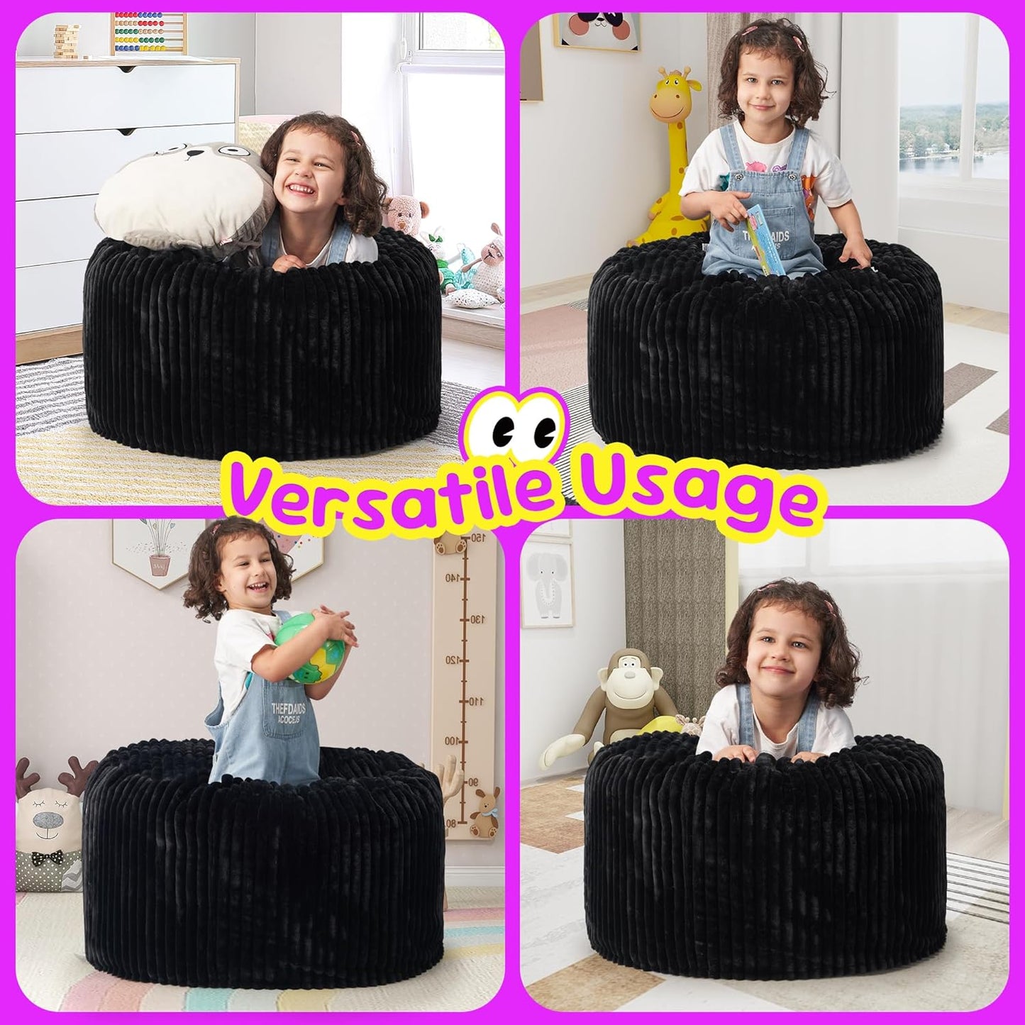 Hobestluk Bean Bag Chairs 2.5FT Bean Bag Chair with Memory Foam Filled & Stripe Plush Cover Small Bean Bag Chairs for Playroom, Living Room, Bedroom (Black)