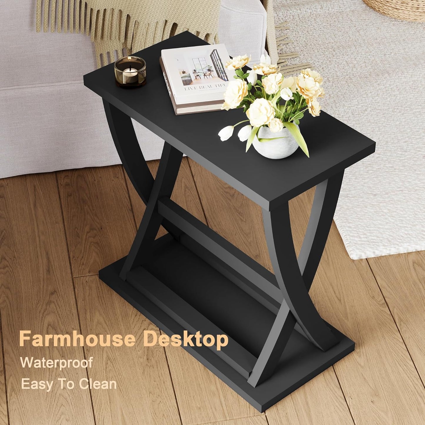 ChooChoo Black End Table, Narrow Side Table with Storage Shelf, Modern X-Design Slim End Table for Living Room,Bedroom, Small Space, 11.8" D*23.6" W*23.4" D