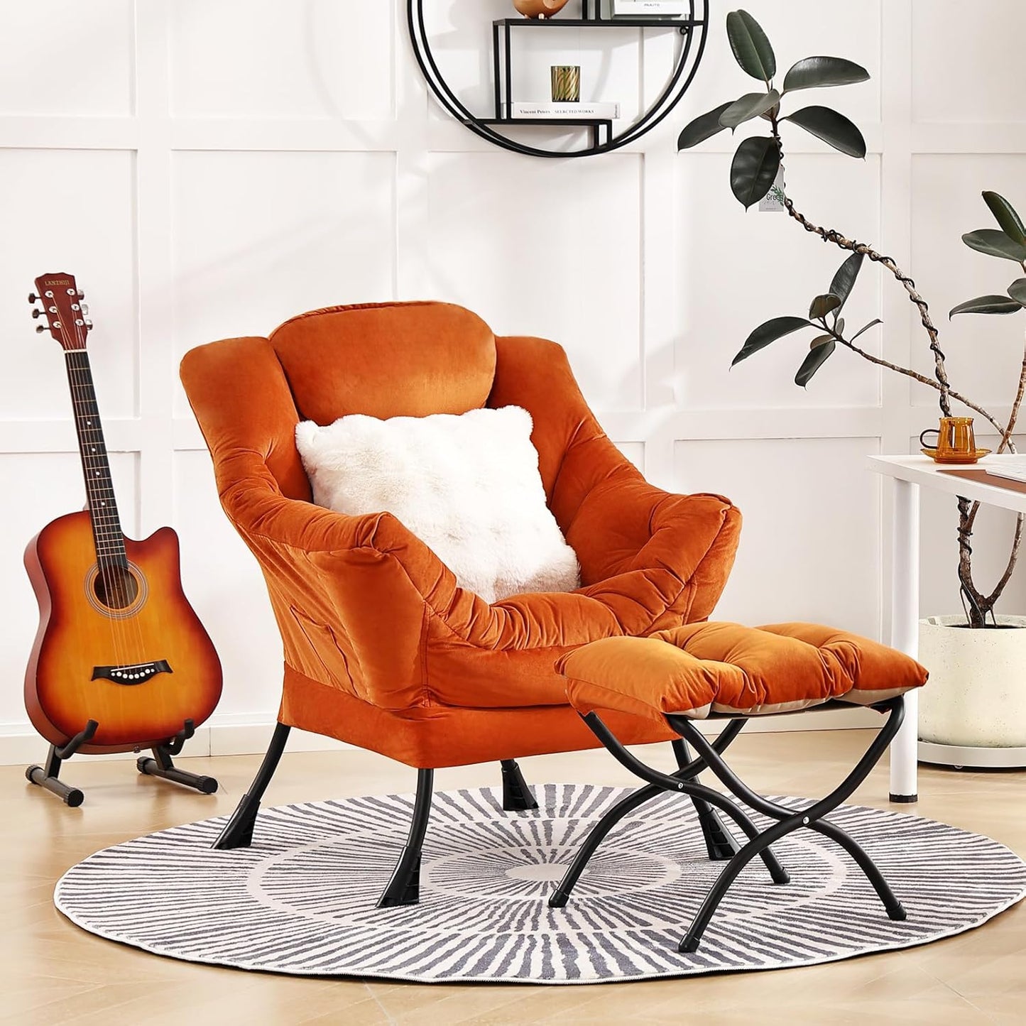 Lazy Chair with Ottoman, Comfy Reading Chair with Footstool & Throw Pillow Modern Lounge Accent Chair with Armrests & Side Pocket for Living Room, Bedroom, Dorm Room, Office