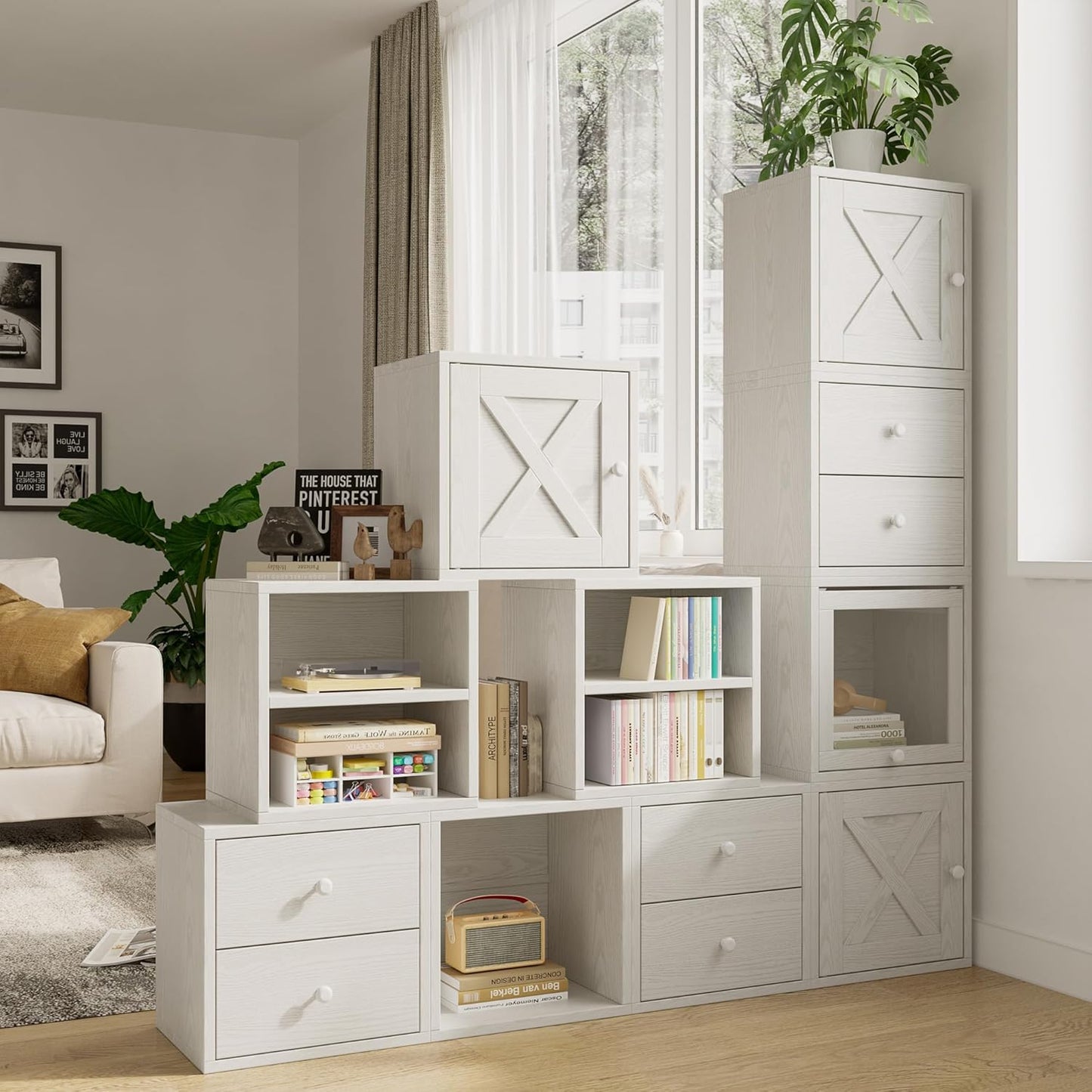 FUSUNBAO Magic DIY Cube Storage Organizer Stackable Cubes for Home Books Clothes Toy-Modular Cubby Storage System-Office Cubical-Bookcase Closet (French Oak,Drawer Cube)