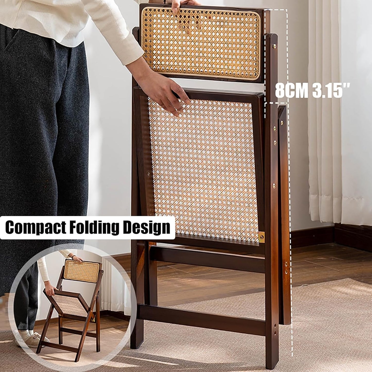 KISKIS Wooden Rattan Folding Chairs Portable Save Space Kitchen Dining Chair for Balcony Living Room, with Mesh Elastic Seat and Curved Back, 400LBS,2 Pack