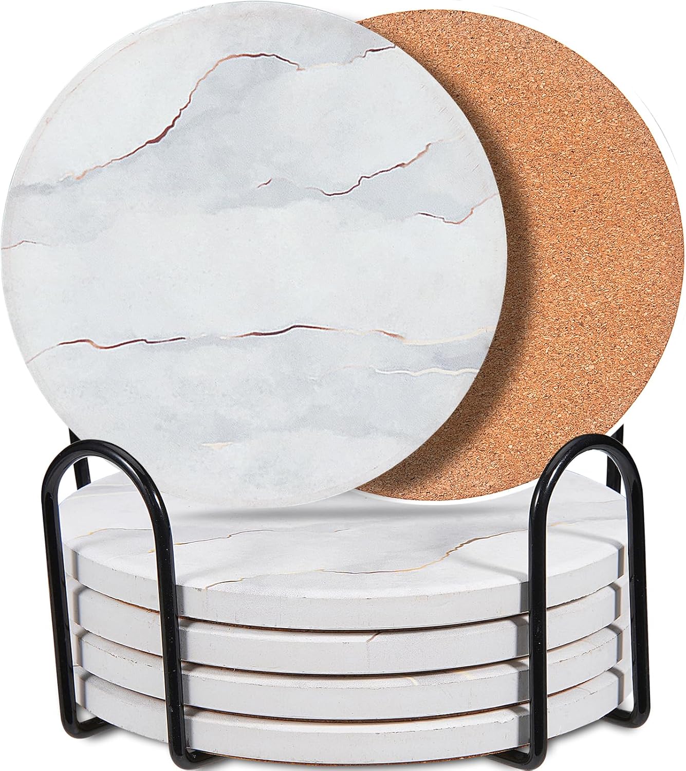 6-Pcs 4'' Ceramic Marble Style Trivet with Holder, Absorbent Trivets for Hot Dishes, Cork Bottom Anti-Slip Trivet Mats for Hot Pots and Pans