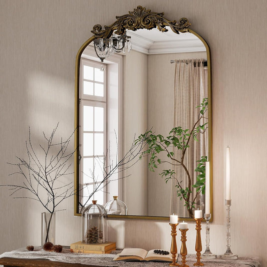 Vintage Arched Bathroom Mirror, 24x36 Inch Retro Wall Mounted Vanity Mirror with Carved Pattern Top and Metal Frame, Antique Decorative Mirror for Hanging or Leaning