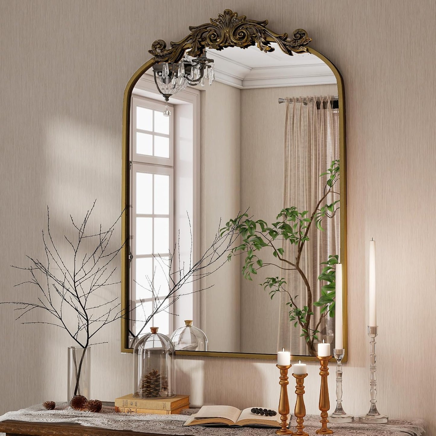 Vintage Arched Bathroom Mirror, 26x38 Inch Retro Wall Mounted Vanity Mirror with Carved Pattern Top and Metal Frame, Antique Decorative Mirror for Hanging or Leaning