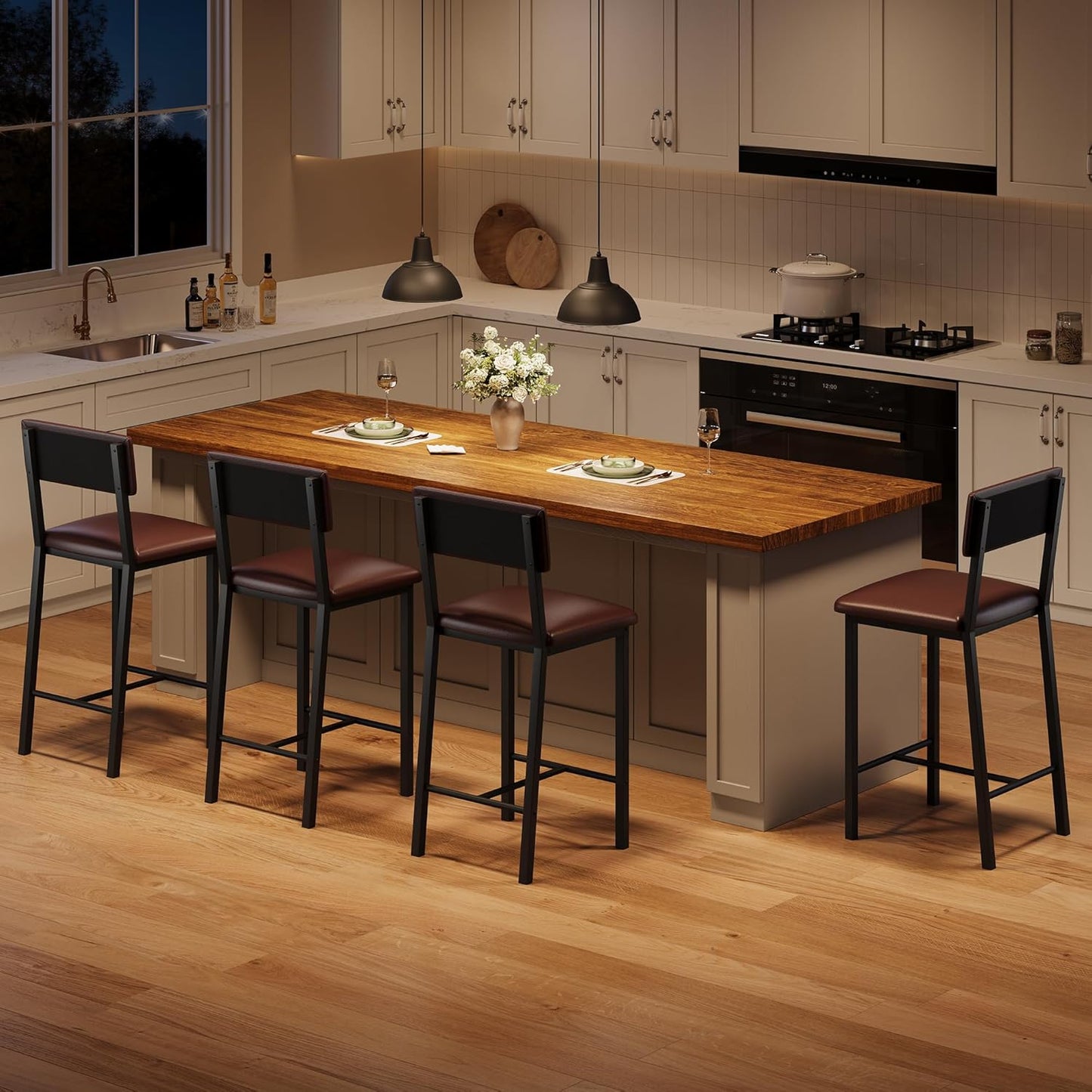 Garvee Bar Stools Set of 4, Kitchen Barstools with Thick Cushion, 25 Inch Counter Height Bar Stools with Backrest and Footrest, for Dining Room, Kitchen Island Counter Chairs, Retro Brown