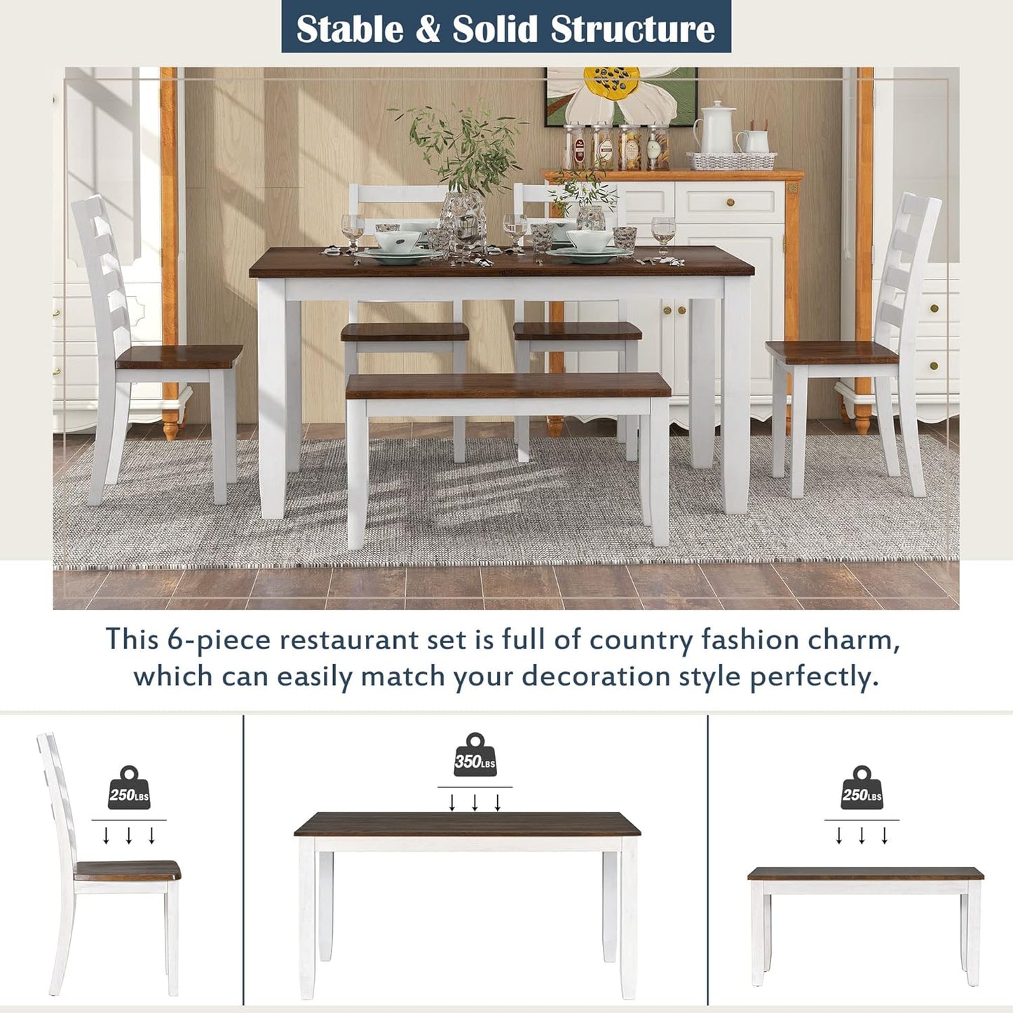 Ball & Cast 6 Piece Dining Table Set with 4 Upholstered Chairs & 1 Bench,Wooden Living Room Furniture W/ 60" Rectangle Kitchen Desk,for Restaurant,Home Bistro，Walnut + Cottage White