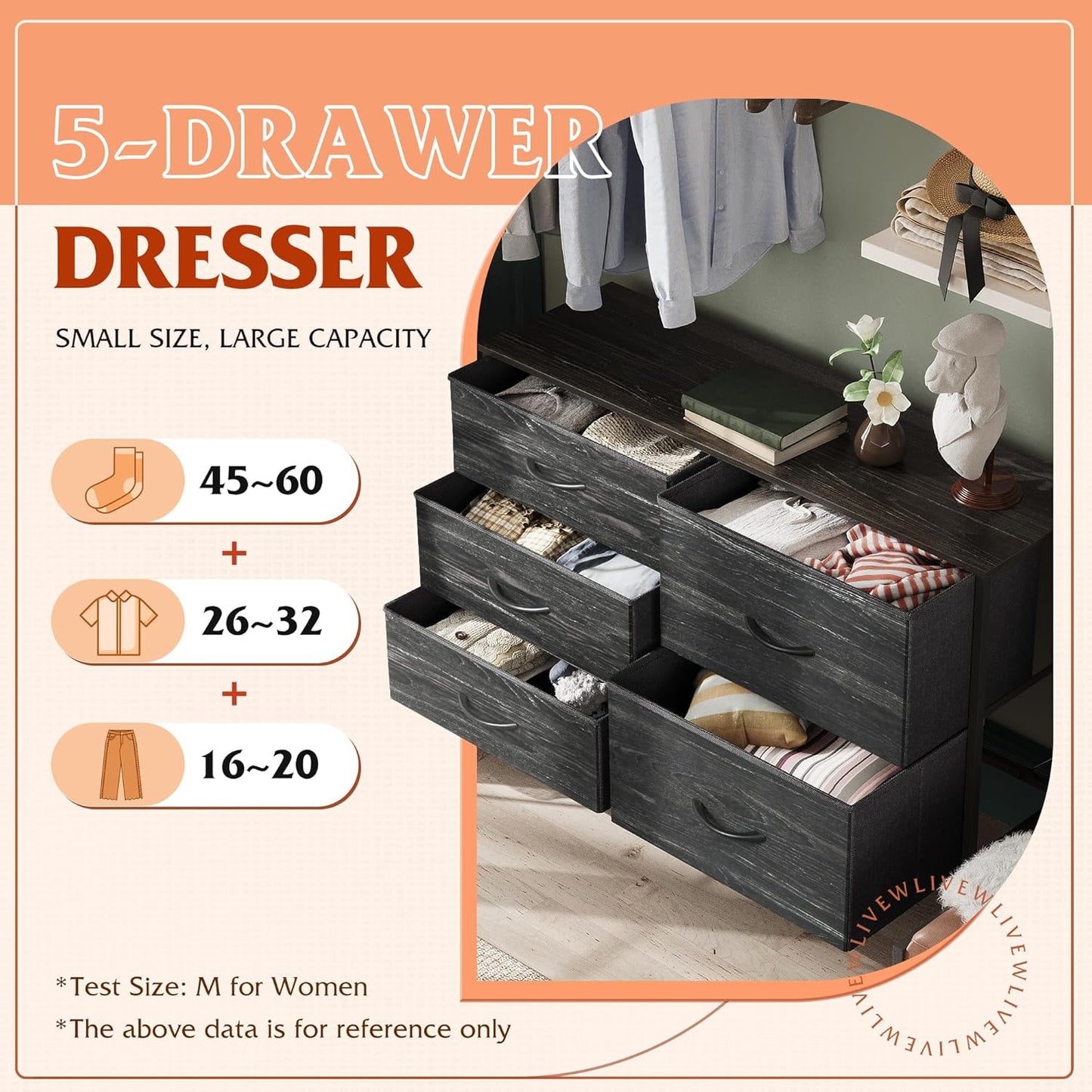 WLIVE Dresser for Bedroom with 5 Drawers, Wide Dressers with Drawer Organizers, Chest of Drawers, Fabric Dresser for Living Room, Closet, Hallway, Charcoal Black Wood Grain Print