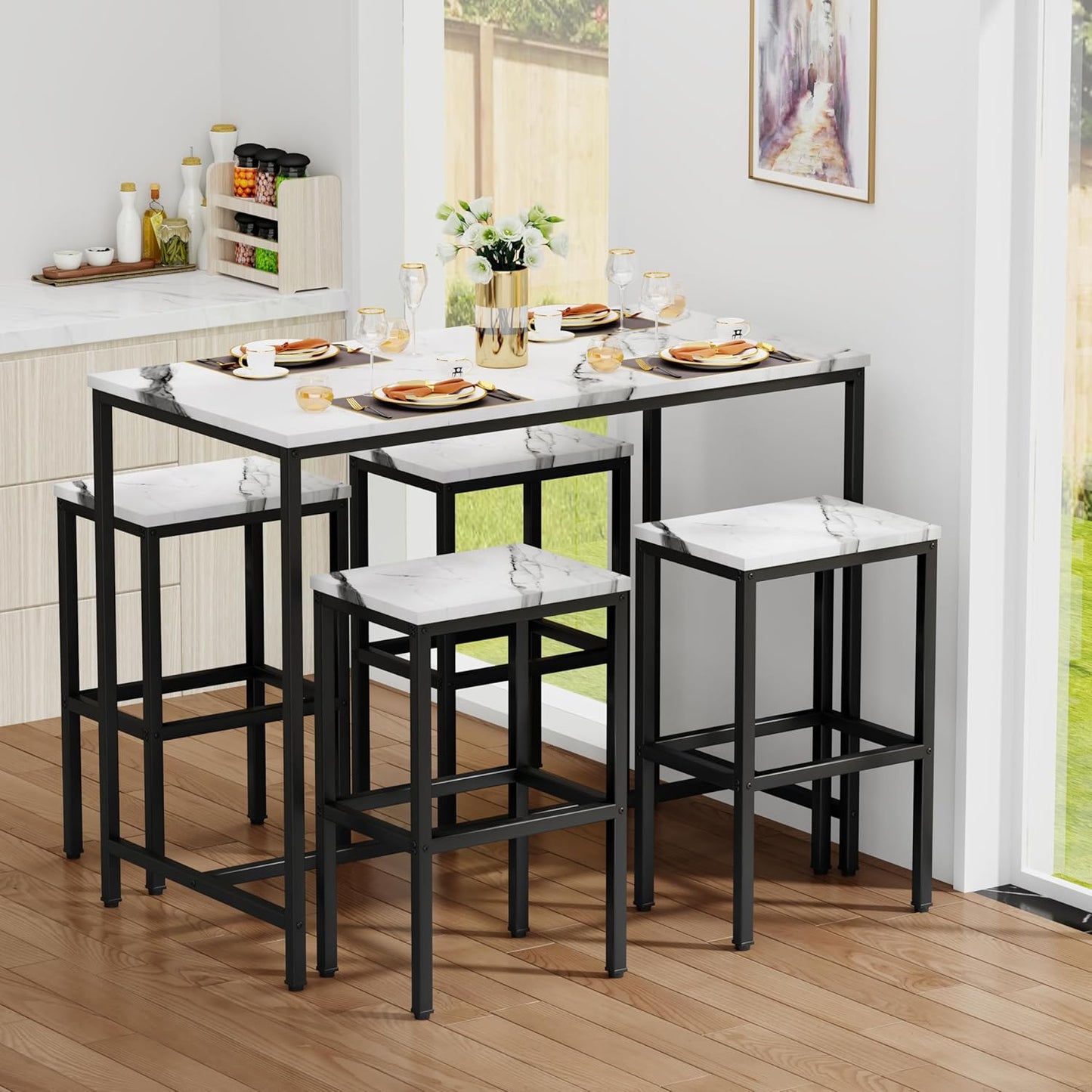 Aklaus 5 Piece Bar Table Set Kitchen Dining Table Set for 4 Modern Counter Height Bar Table with Bar Stools Set of 4 Faux Marble Top Pub Table and Stools for Dining Room Breakfast Nook Home Bar