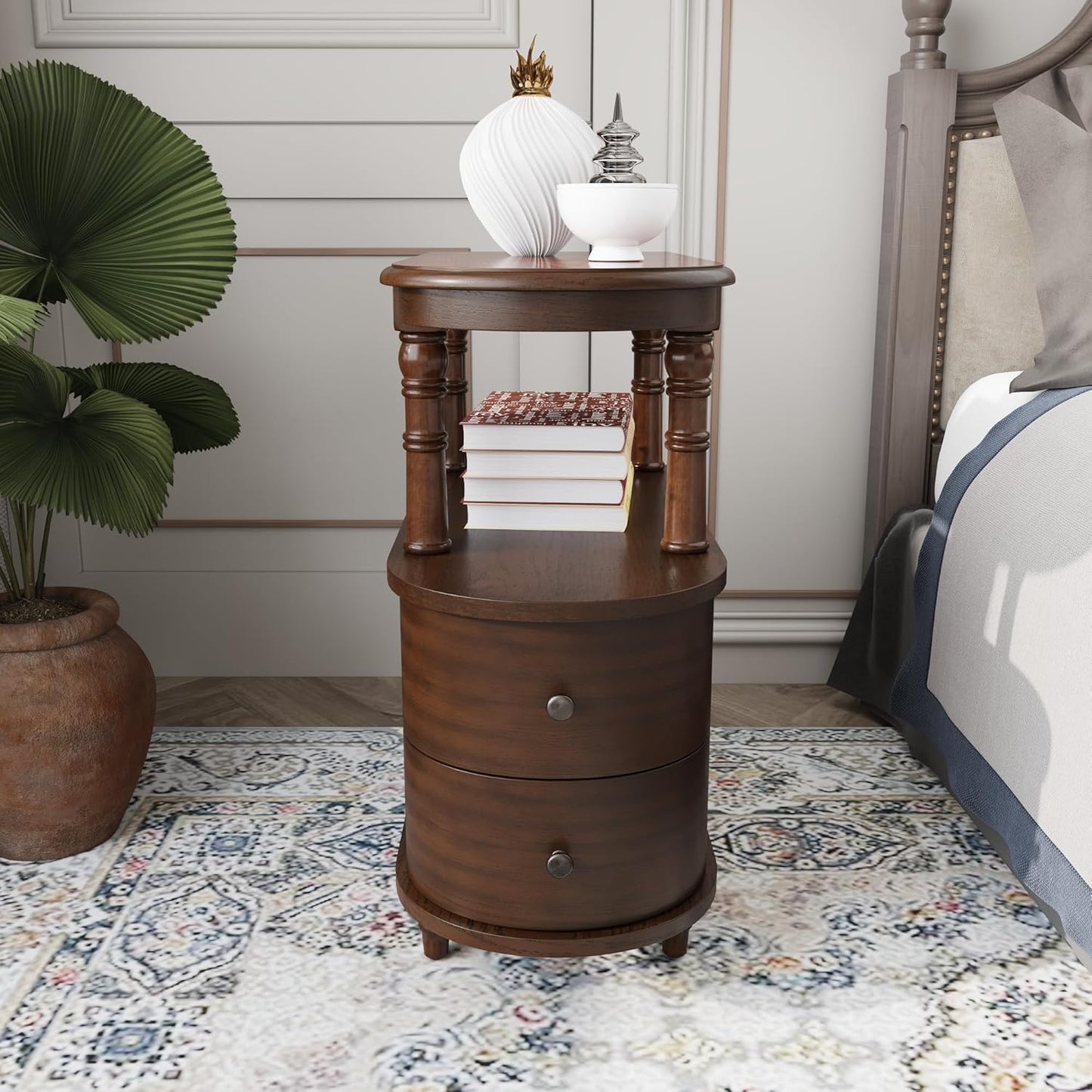 Wood End Table with 2 Drawers and Storage Shelf, Narrow Sofa Side Table for Living Room, Vintage Slim Nightstand Bedside Table for Bedroom, Slim Chair Side Table Cherry Walnut BG-A508-CY