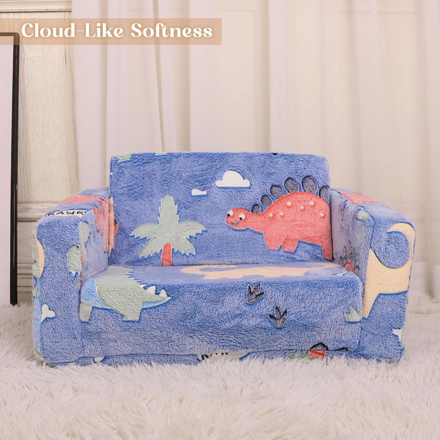 Kids Chairs for Toddler, 2 - in - 1 Toddler Soft Teddy Fleece Couch Featuring Glow - in - The - Dark Elements, Fold Out, Convertible Sofa to Lounger for Girls and Boys - Colorful Dinosaur