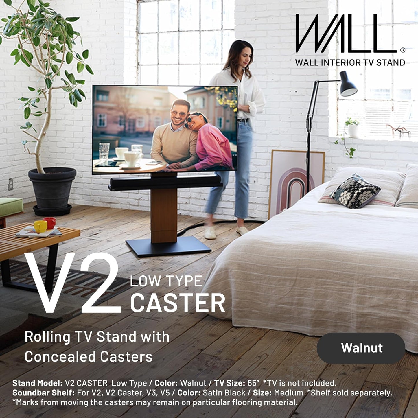 WALL V2 Caster Low Type | Minimalist Rolling TV Stand for 32–60 Inch | Walnut | Portable, Space Saving, Height Adjustable, No Drill | for Living Room and Bedroom | Japanese Design & Engineering