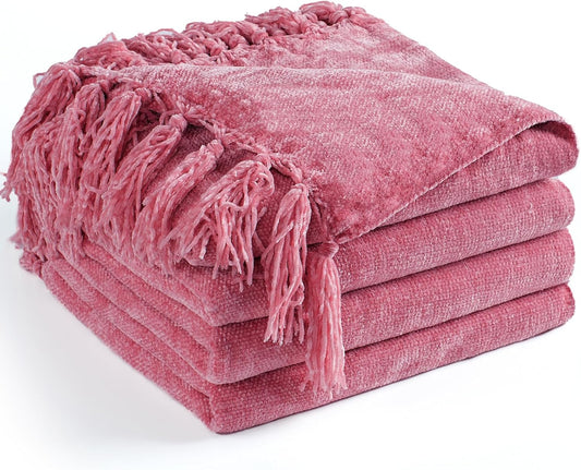 Chenille Throw Blanket for Couch 50"X 60", Soft Cozy Throws with Fringe Tassel for Bed Sofa Chair Cover, Lightweight Knitted Decorative Boho Blankets for Living Room, Rose Pink