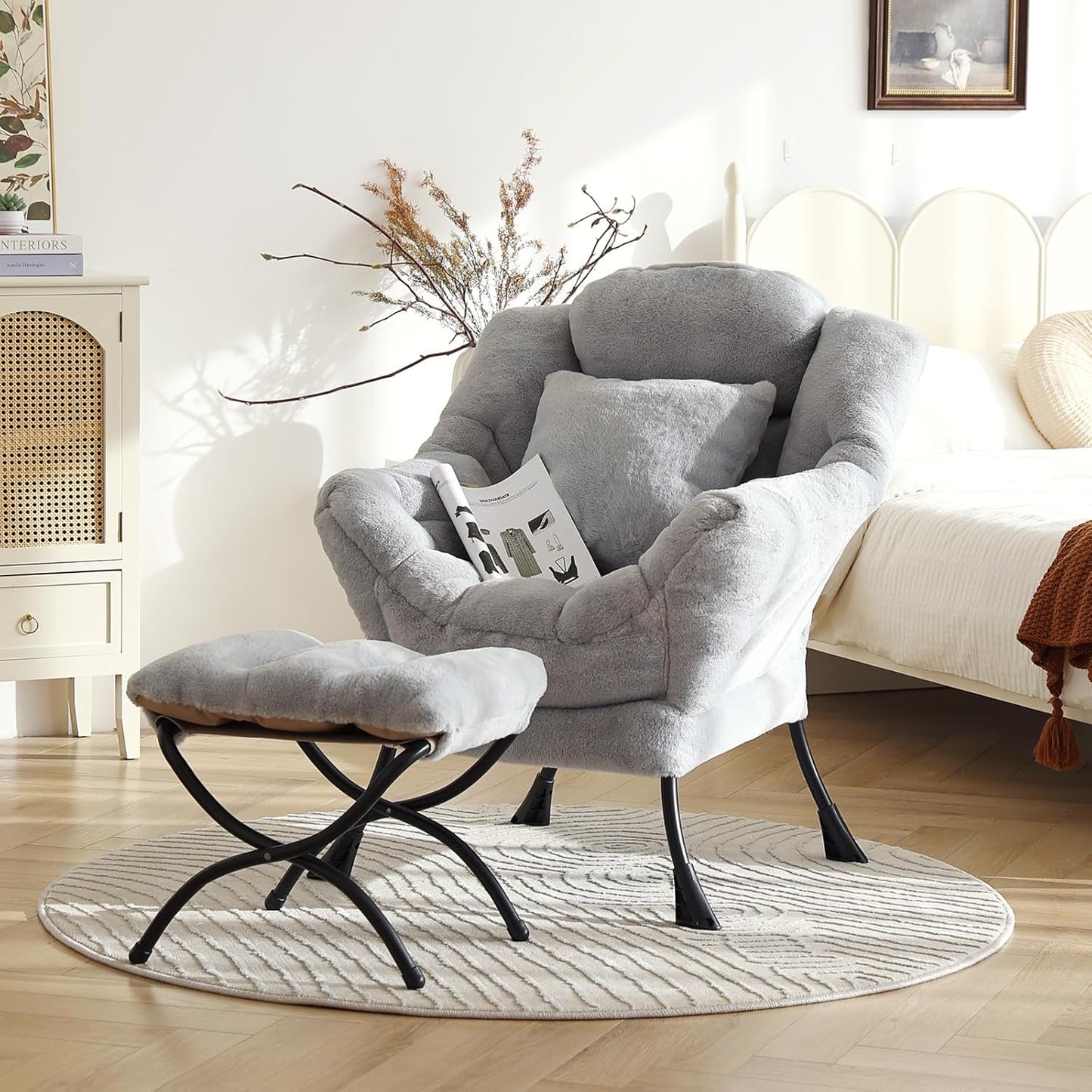 Lazy Chair with Ottoman, Modern Large Accent Lounge Chair with a Pillow, Leisure Sofa Armchair, Reading Chair with Footrest for Bedroom, Living Room,Plush White Gray