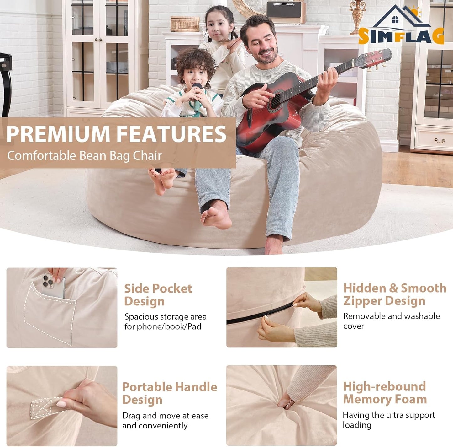 4FT Bean Bag Chair, Large Bean Bag Chairs with Memory Foam Filled, Fluffy Beanbag Sofa with Dutch Velvet Cover, Round BeanBag Chairs for Living Room, Playroom - Beige