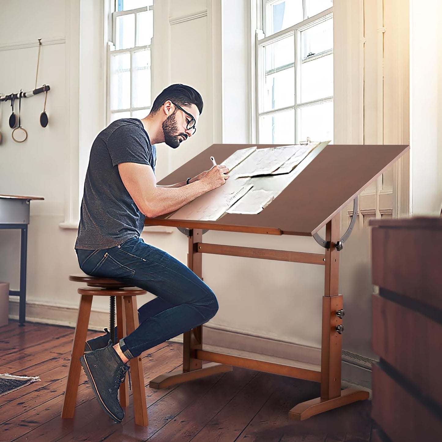 VISWIN Wood Drafting Table for Adults, 30" X 42" Extra-Large Drawing Table with Adjustable Height & Angle for Art Studio, Solid Pine Wood Artist Desk for Drawing, Drafting, Writing, Reading