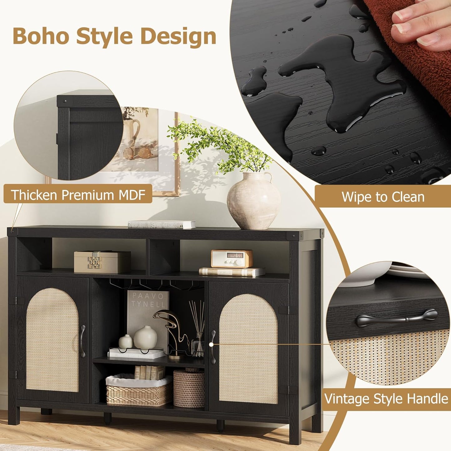 IDEALHOUSE Rattan Buffet Cabinet with Storage, Rattan Wine Bar Cabinet, Sideboard with Glass Holder, Adjustable Shelves, Coffee Bar Cabinet for Living Room Dining Room Hallway, Black