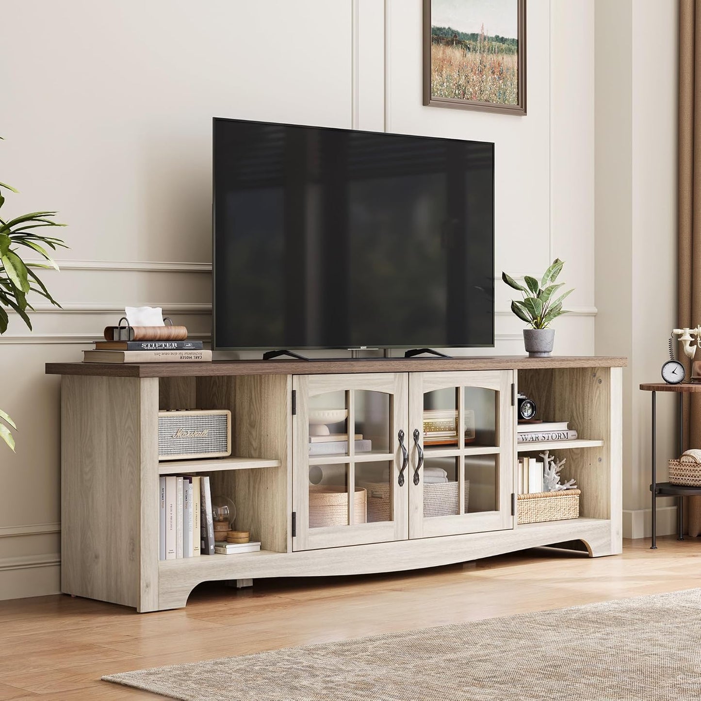 LINSY HOME TV Stand for 75 Inch TV, Modern Farmhouse Entertainment Center with Storage Cabinets and Glass Doors, Tall Media Console Table for Living Room, Bedroom, Large Long Television Stand, Beige