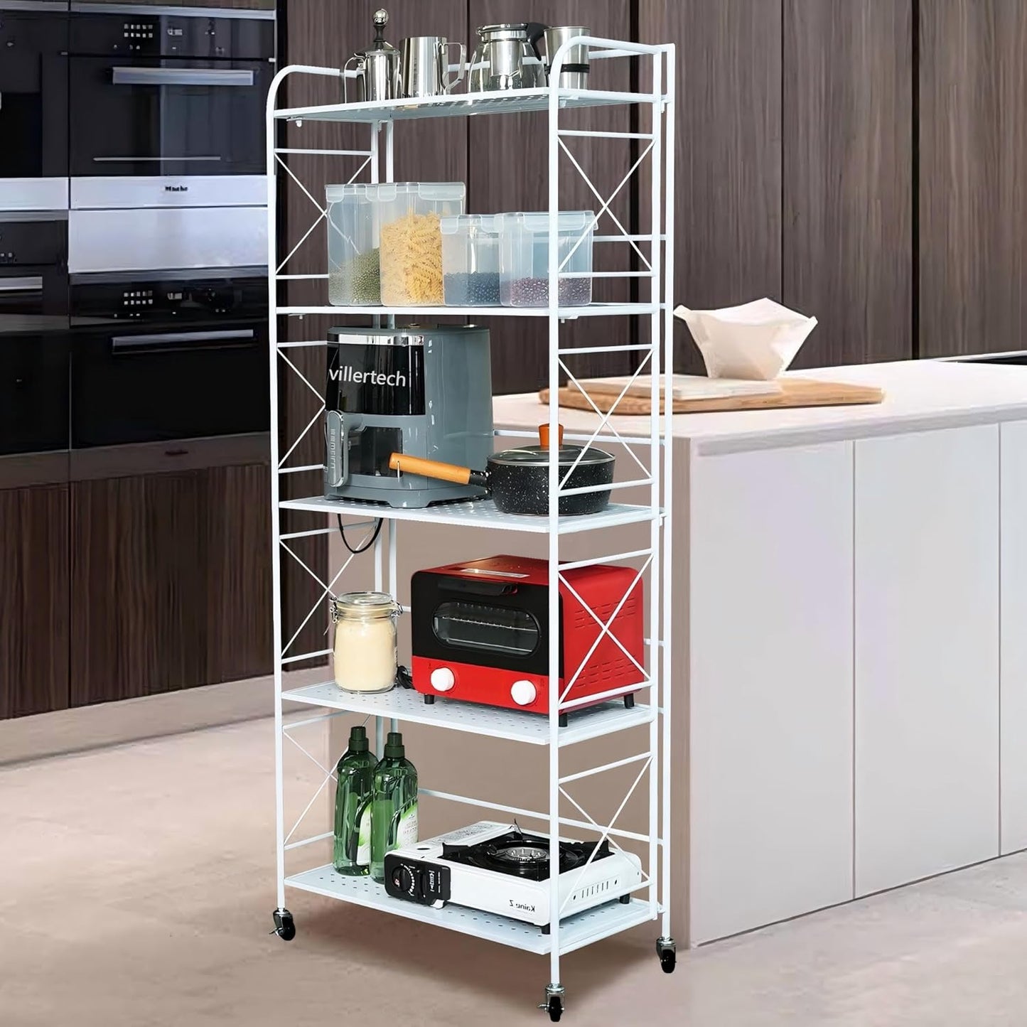 Foldable 5-Tier Metal Shelf with Wheels - Folding Bookshelf Unit for Living Room, Kitchen, Study 12.6" D x 23.6" W x 57.0" H, Glossy White