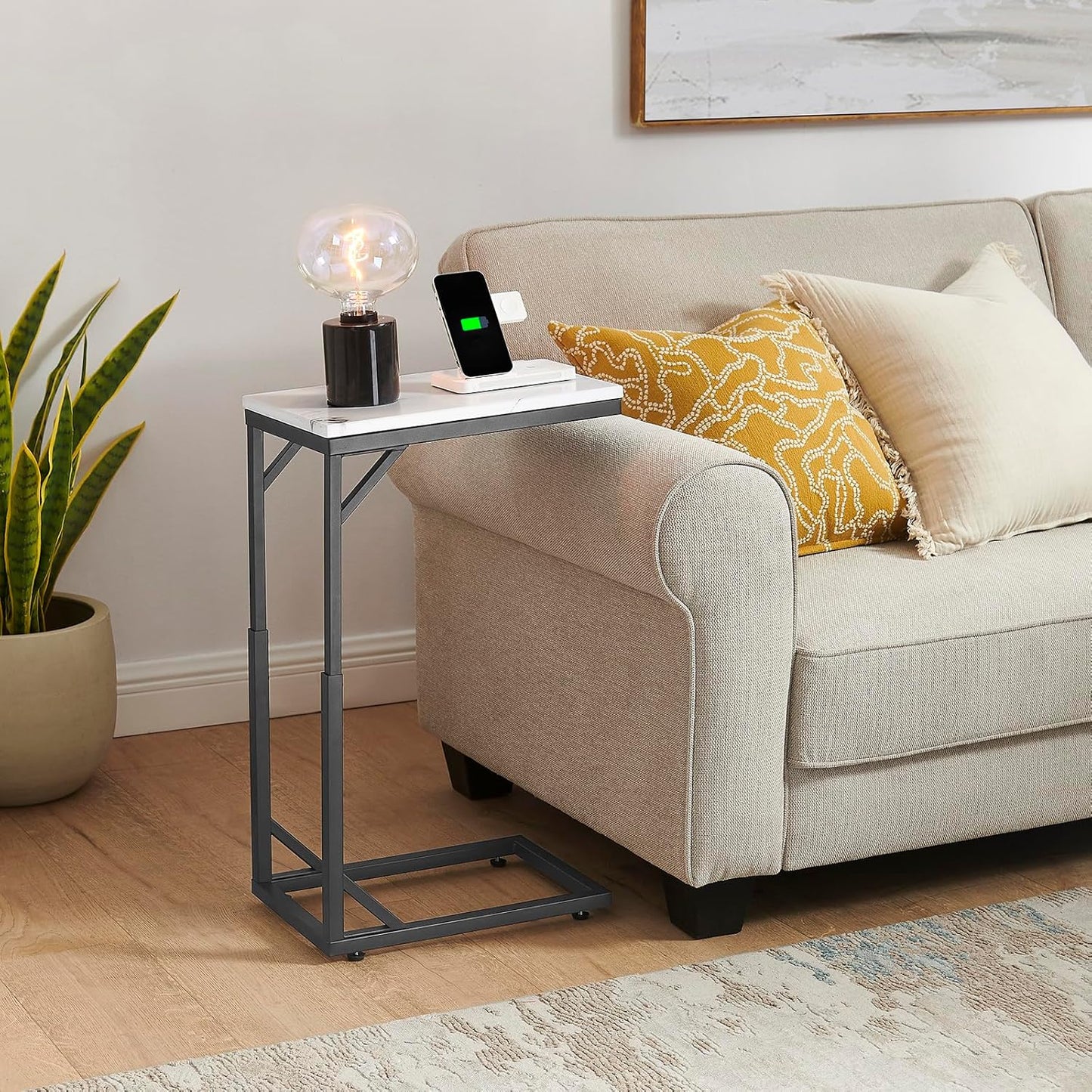 C-Shaped End Table, Small Sofa Table with Metal Frame, Adjustable Height Side Table for Couch, Living Room, Bedroom, Bedside (Black, Small)