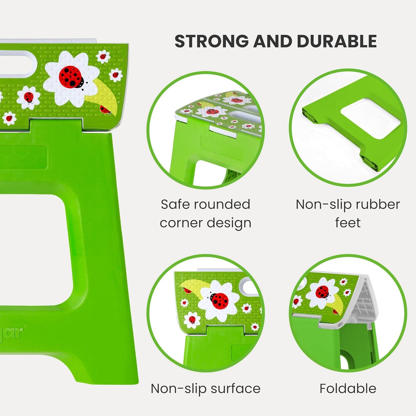 Vigar Compact Step Stool Foldable, 12-1/2-inch Step Stools for Adults up to 330 Pound, Lightweight Stool, Non-Slip Folding Step Stool, Ladybug on Top