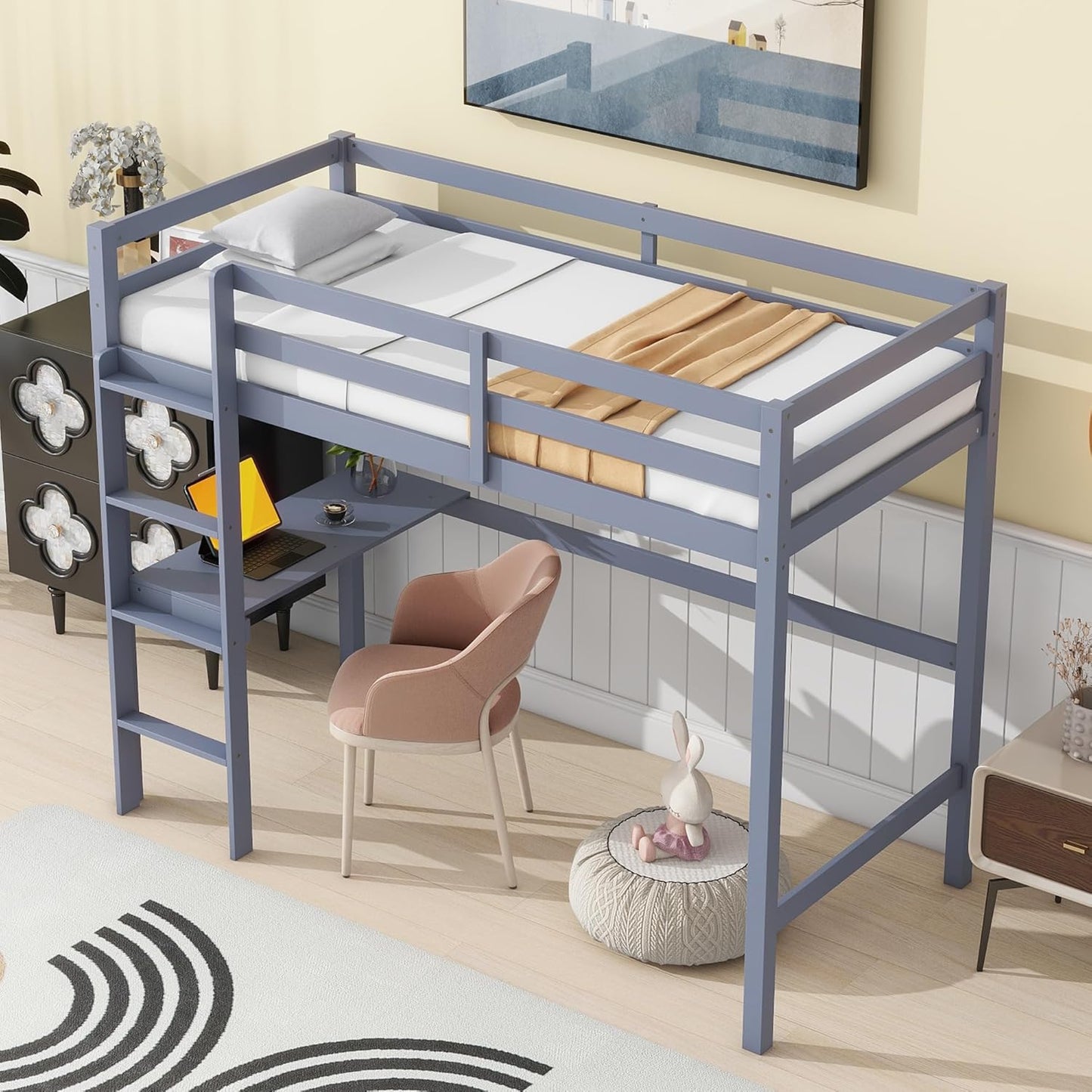 HomSof Full Loft Bed with Desk and Shelves,Gray
