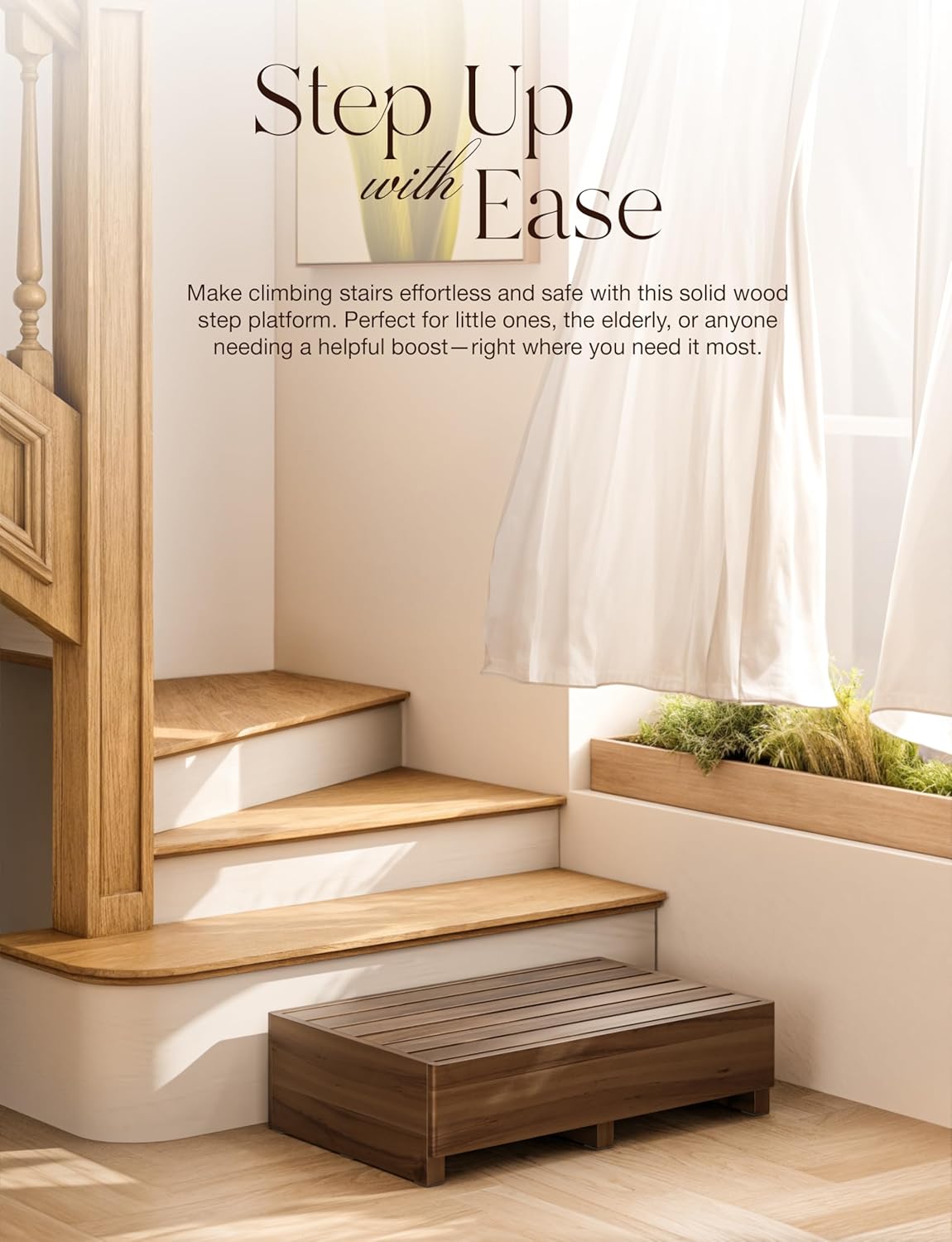 TINAMO 6.5" One Step Stool for Elderly, Walnut Wood High Riser Step Stool for Bed – 550 Lbs Wooden Mobility Stepping Stool for Adults, Kids/Bedside, Bathroom, Kitchen, Garden (Walnut, 6.5" Height)