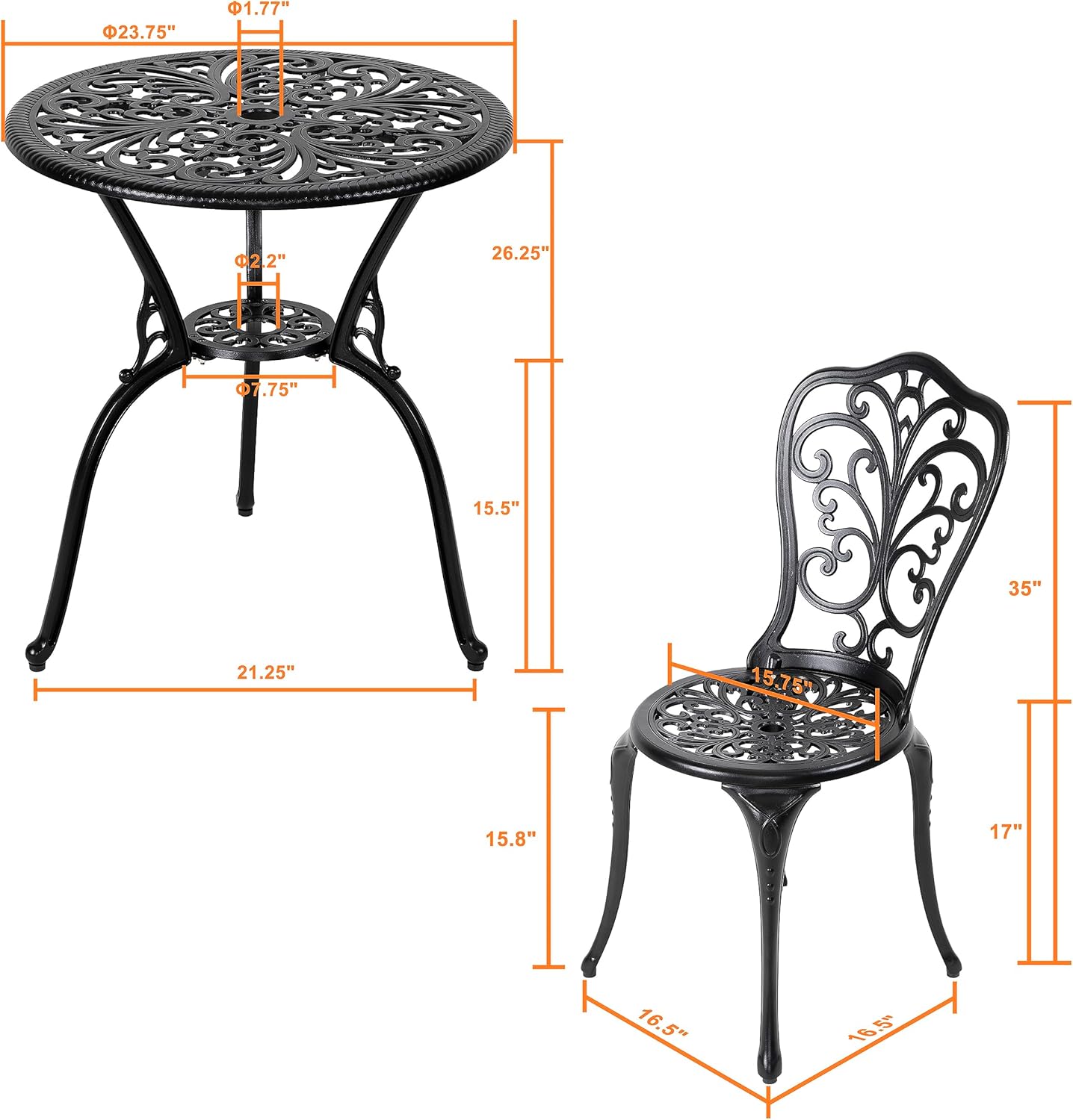 NUU GARDEN 3 Piece Bistro Set Outdoor, All Weather Cast Aluminum Patio Bistro Sets Patio Table and Chairs Set of 2 with Umbrella Hole for Yard, Balcony, Black, Butterfly Backrest