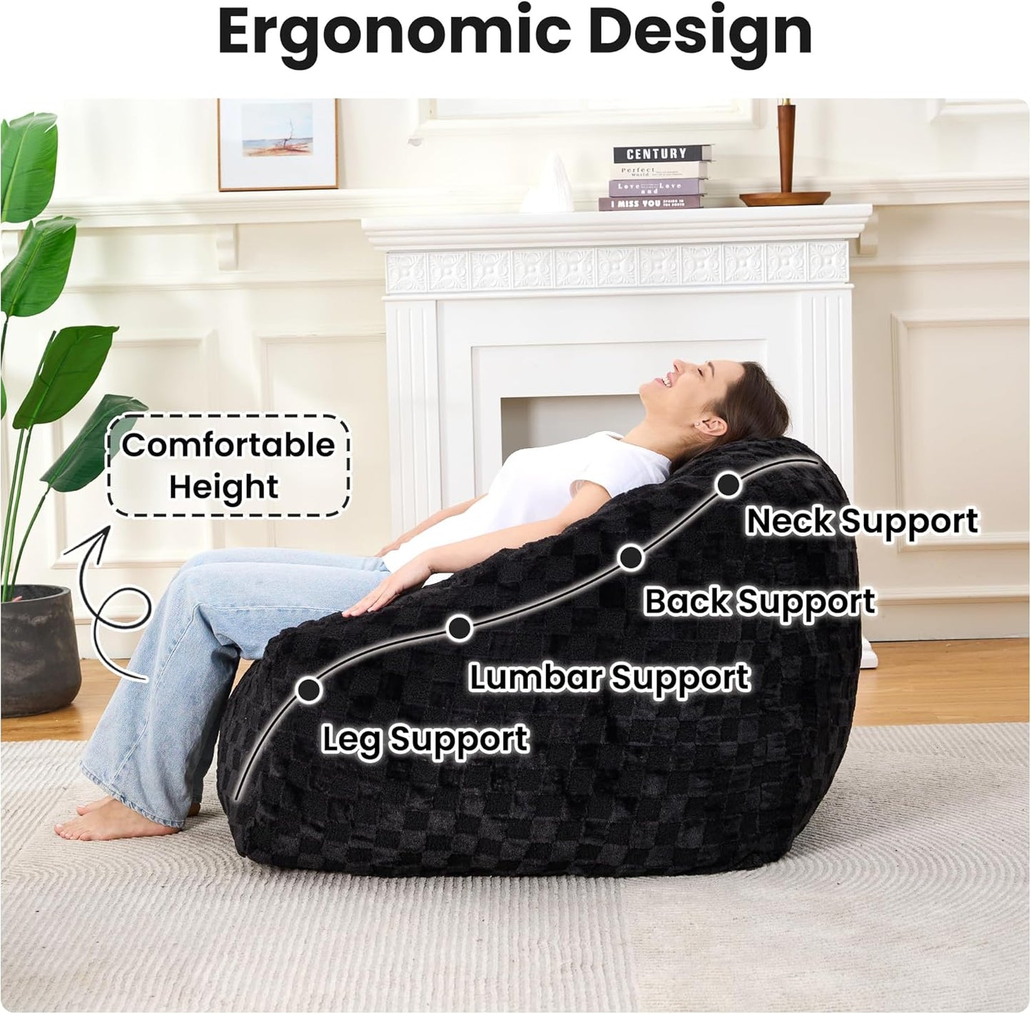 Bean Bag Chairs for Adults, Giant Beanbag Sofa Comfy Reading Chair, Oversized Bean Bag Chairs for Living Room Bedroom, Soft Faux Fur Fabric, 3.2FT, Black, Checkered