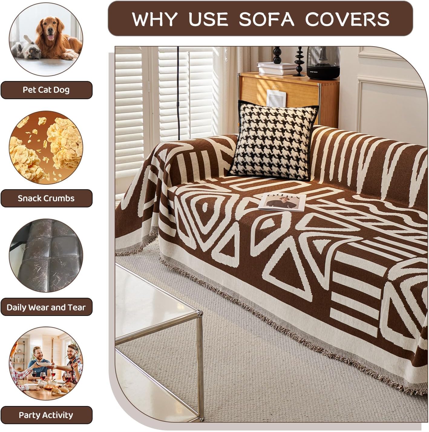 STACYPIK Soft Breathable Boho Chocolate Sofa Cover Stain Resistant Furniture Protector for 3 Cushion Couch Washable Sofa Cover for Dogs Cats Dark Khaki Reversible Sectional Covers for Sofa-91X150IN