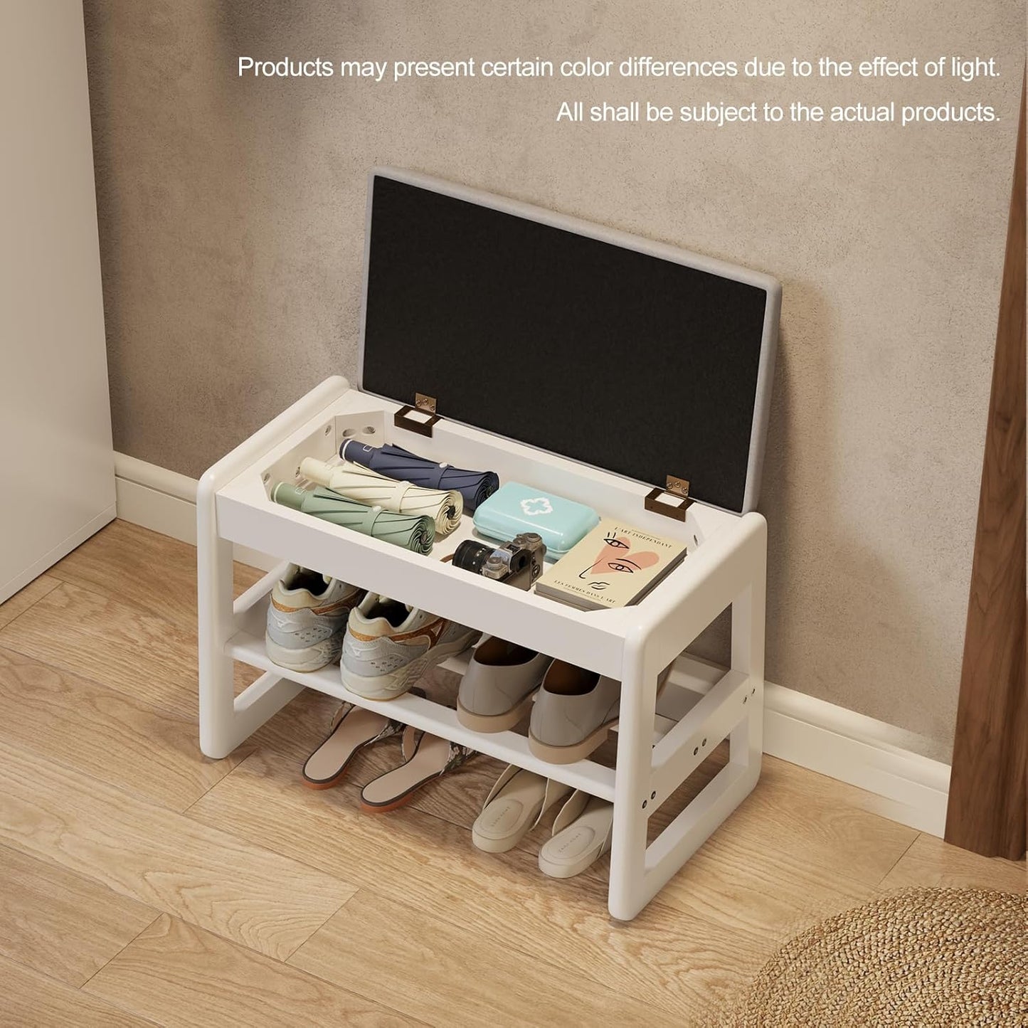 Small Shoe Bench with Cushion,2 Tiers Shoe Rack Bench with Flip-Top Storage,Wood Shoe Rack for Entryway（White,23.62"）