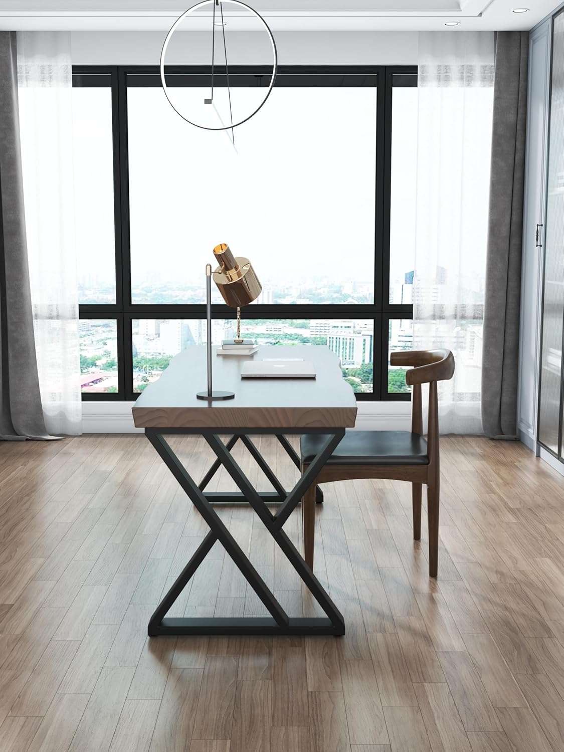 Solid Wood Desk 55 inches Wide Home Office Desk,Metal Modern Industrial Writing Table, Workstation, Perfect Table for Your workspace Study Table Furniture in Rustic Natural Aged Brown