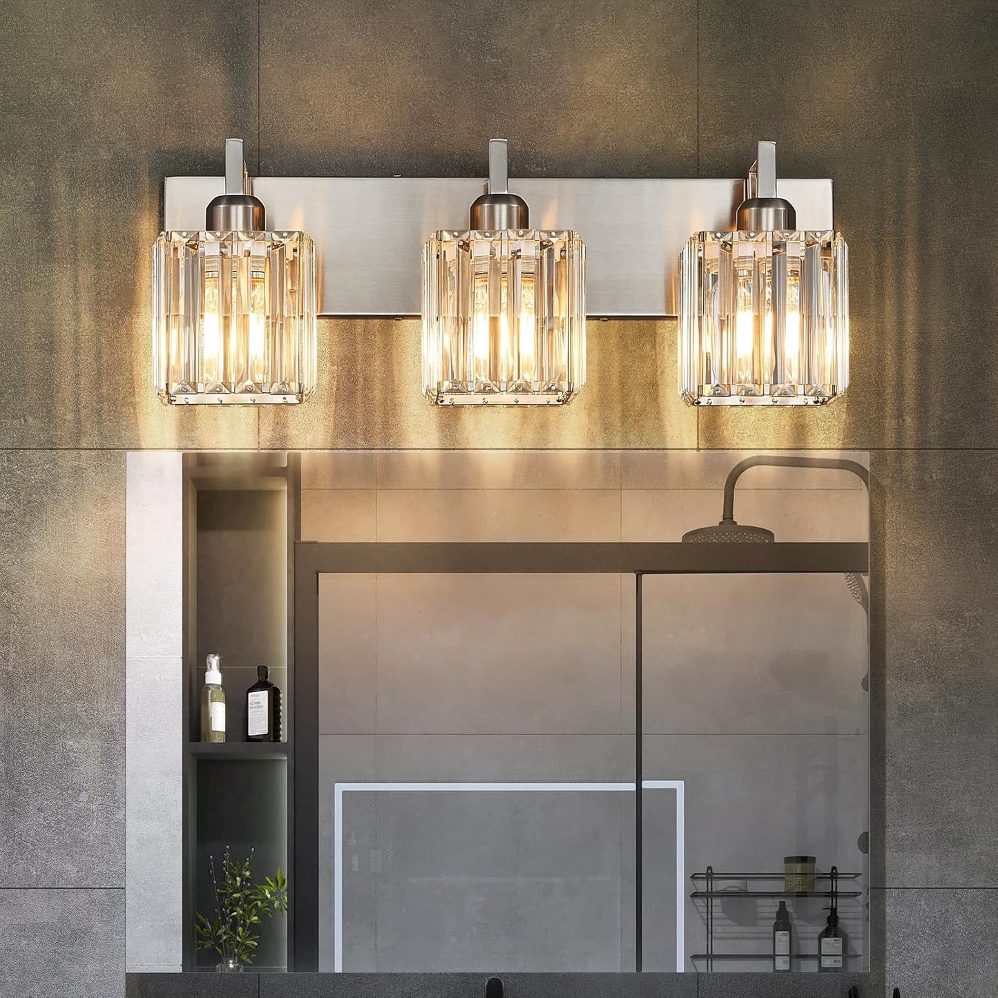 Modern Bathroom Vanity Light 3-Lights Brushed Nickel Vanity Light Crystal Wall Light Bathroom Light Fixtures