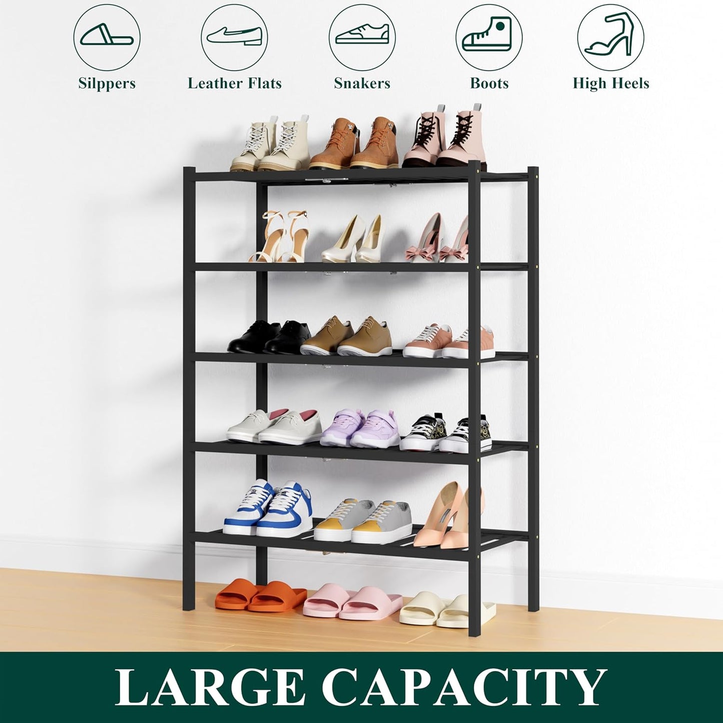 Smiry Shoe Rack, 5 Tier Thick Bamboo Shoe Organizer, Stackable Free Standing Wooden Shoe Storage Shelf for Closet, Entryway, Front Door Entrance, Black