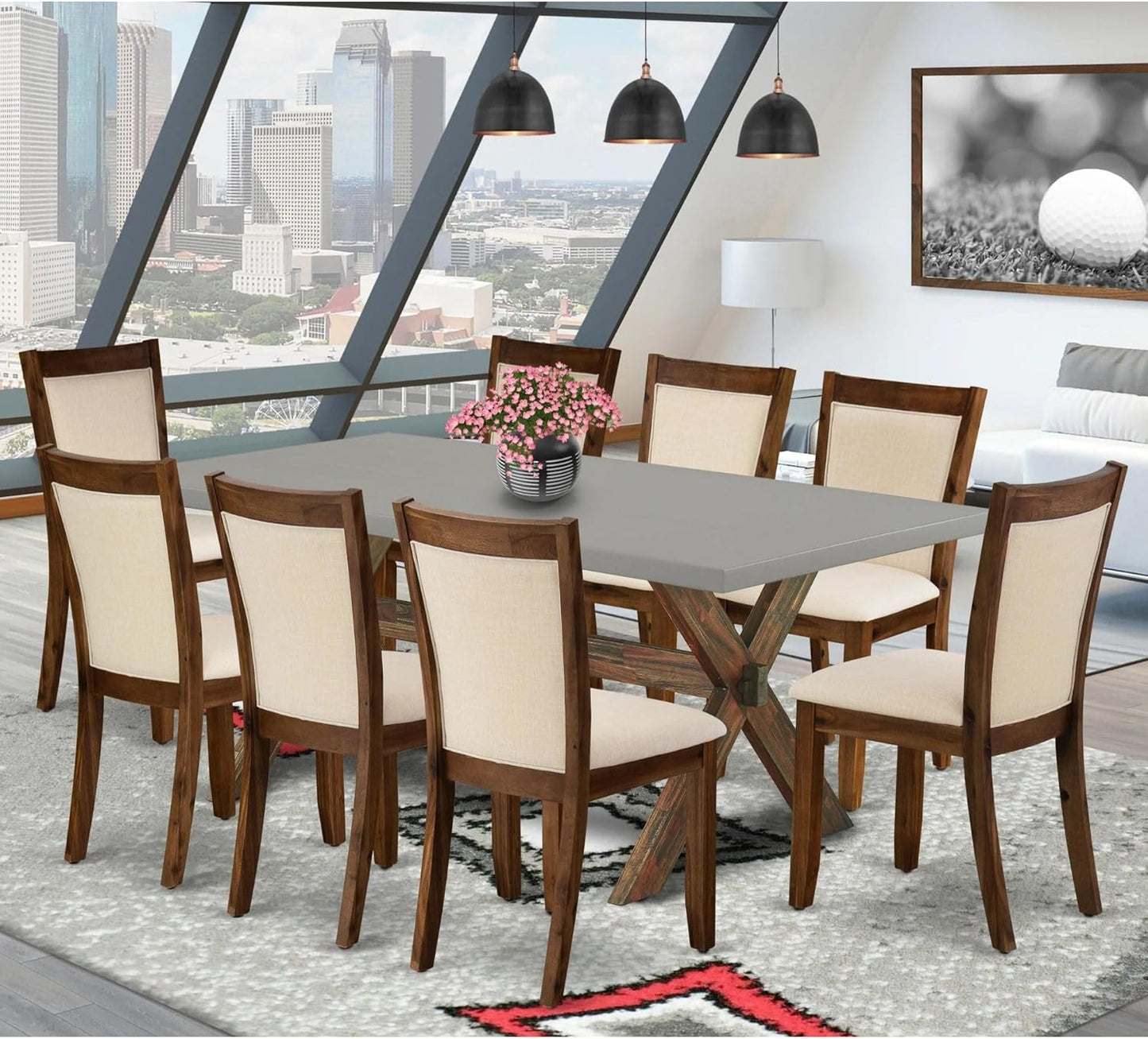 East West Furniture X797MZN32-9 9 Piece Dining Table Set Includes a Rectangle Dining Room Table with X-Legs and 8 Light Beige Linen Fabric Parsons Chairs, 40x72 Inch, Multi-Color