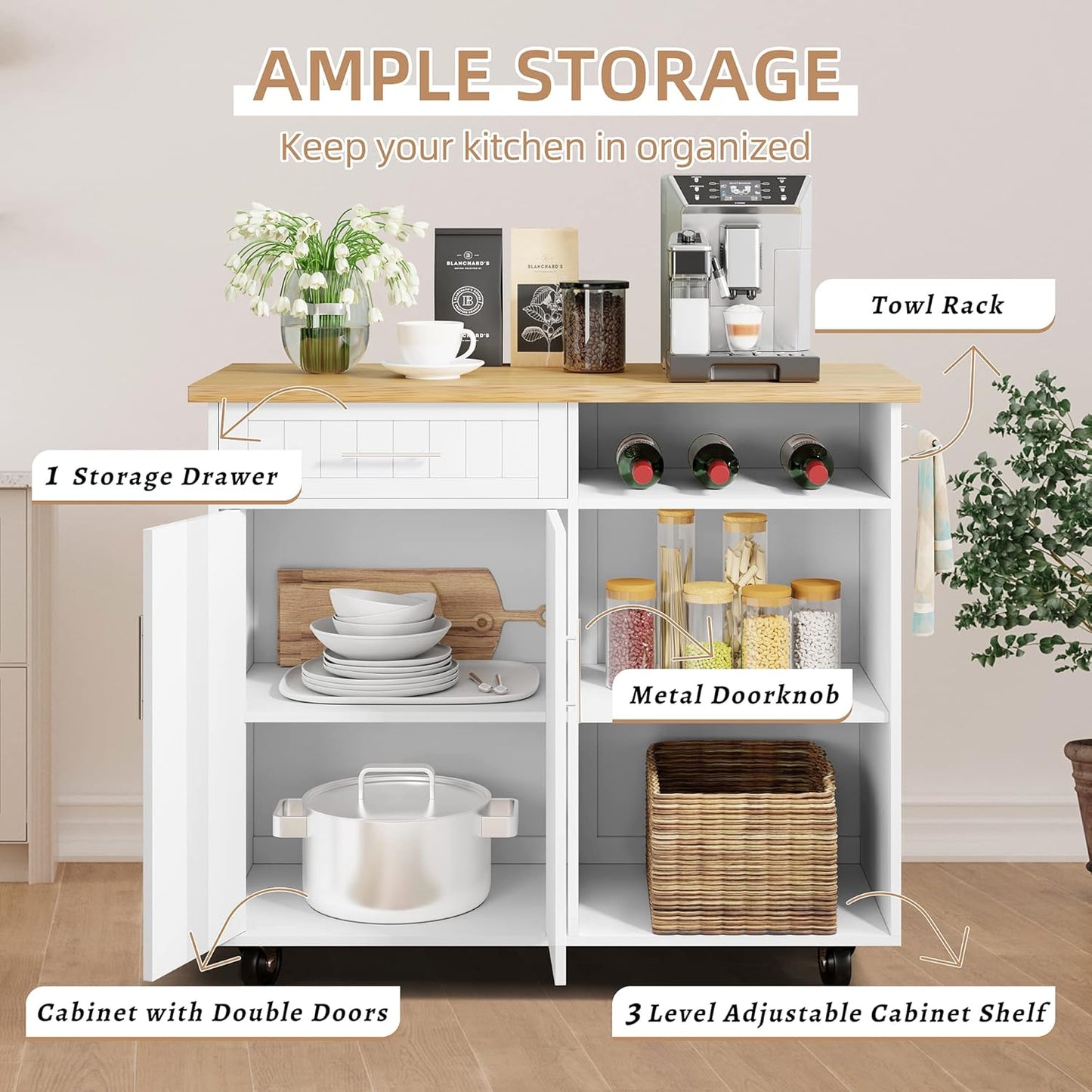 Shintenchi Kitchen Island Cart with Storage,Rolling Kitchen Island Side Table on Wheels with Large Worktop,Storage Cabinet,Towel Rack and Drawers for Kitchen,Dinning Room,White